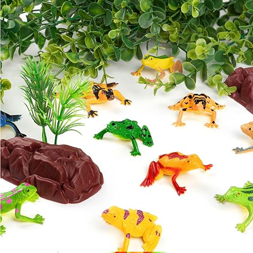 Miniatura 6 de Paquete de 32 mini ranas de plástico para decoración y lirios artificiales, incluye 12 ranas de plástico coloridas y 20 almohadillas flotantes de