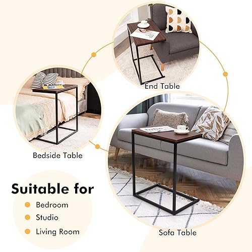 Miniatura 5 de GOFLAME Mesa auxiliar de sofá, mesa auxiliar en forma de C con parte superior de madera y marco de acero resistente, mesa de sofá industrial para