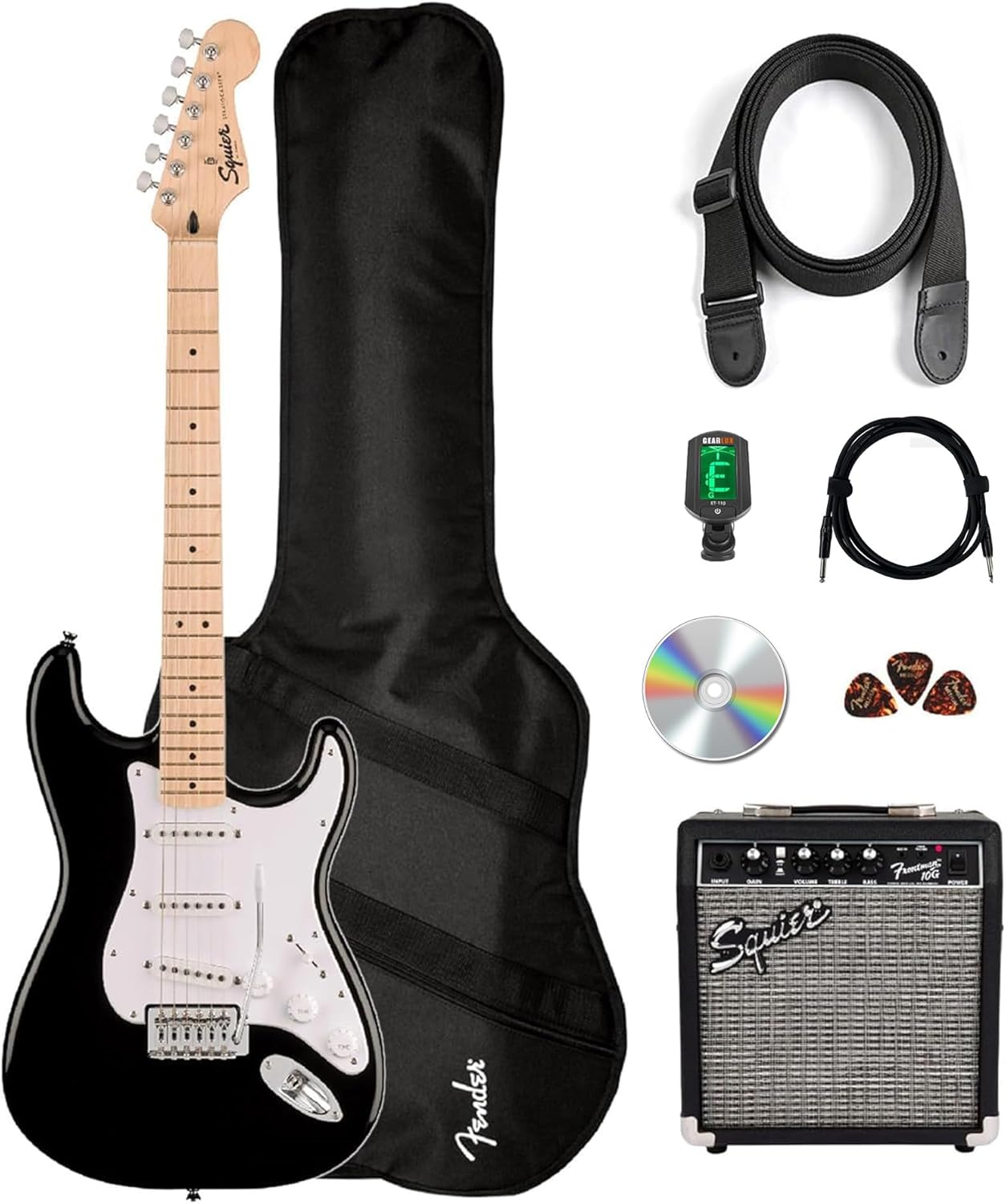 Fender Squier Sonic Stratocaster Pack - Black Bundle with Frontman 10G Amplifier, Gig Bag, Tuner, Strap, Cable, Picks, and Austin Bazaar Instructional DVD