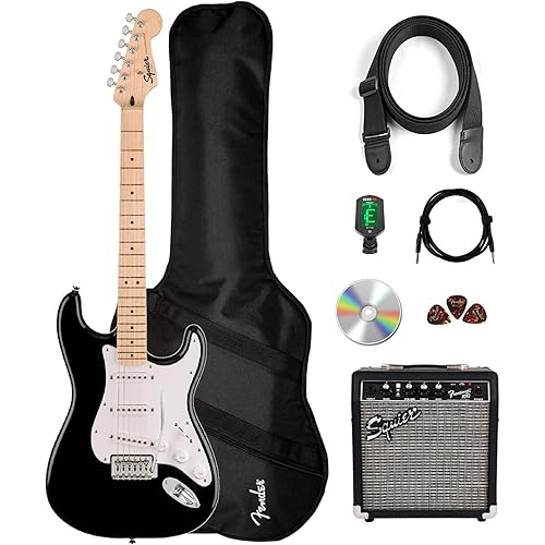 Fender Squier Sonic Stratocaster Pack - Black Bundle with Frontman 10G Amplifier, Gig Bag, Tuner, Strap, Cable, Picks, and Austin Bazaar Instructional DVD