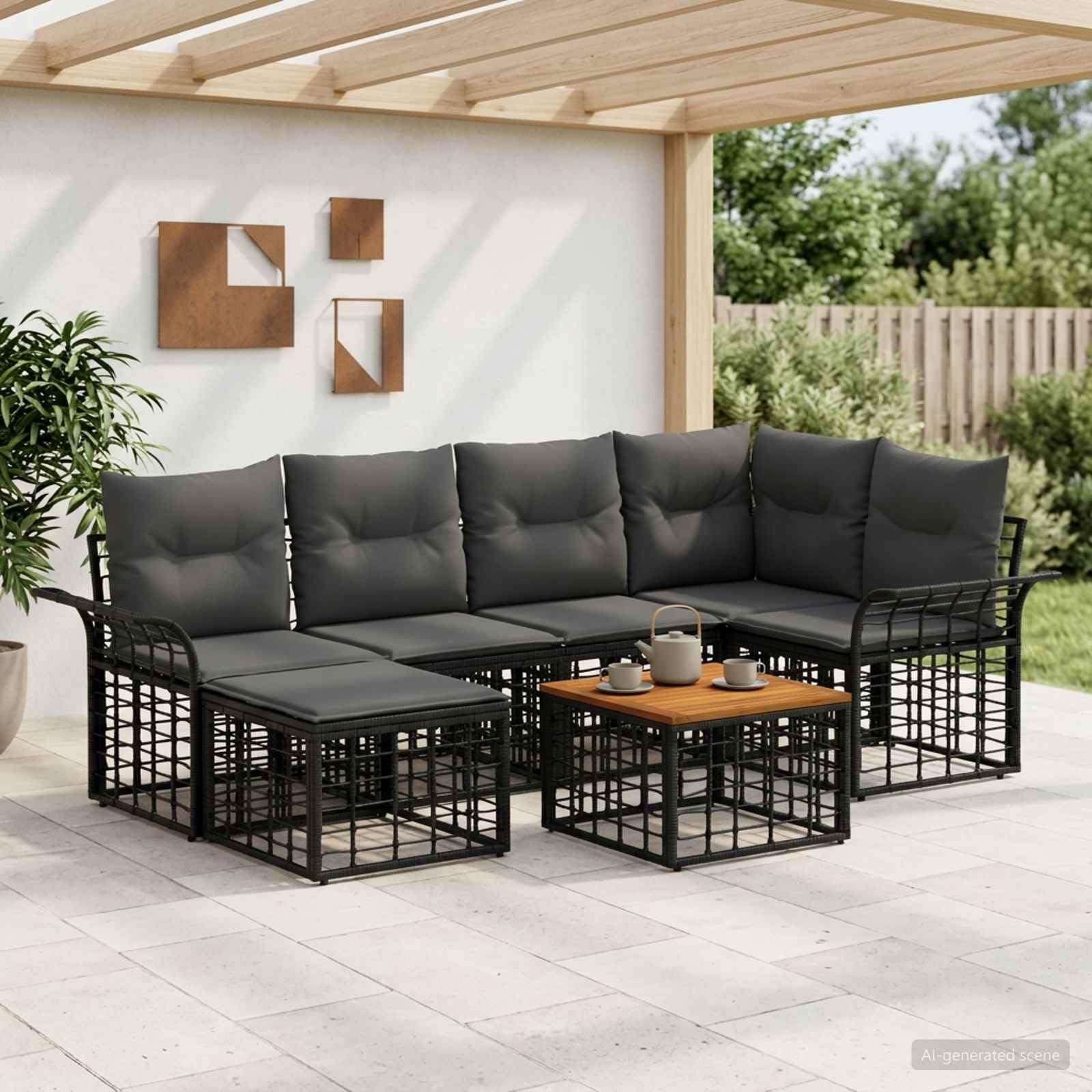 Ensemble de canapés d extérieur 7 pcs en Poly Rattan Polyester Noir et Gris foncé, modulable pour terrasse Jardin, Coussins Amovibles, assises Confort