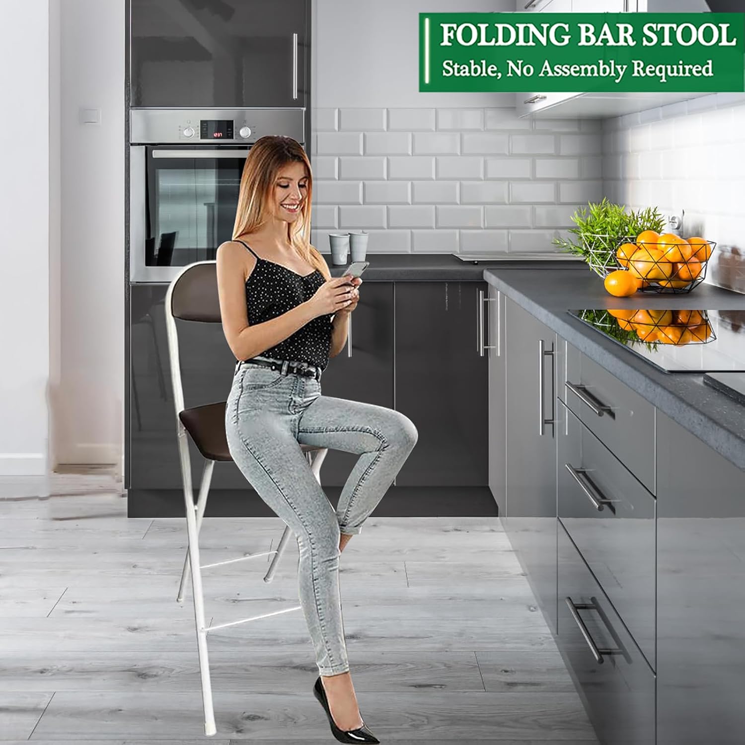 Folding Bar with Back & Footrest,Portable Counter Height Foldable Chairs,Leather Padded Collapsible Tall s for Outdoor Kitchen Shop Cafe(Seat 23.5" White Brown)