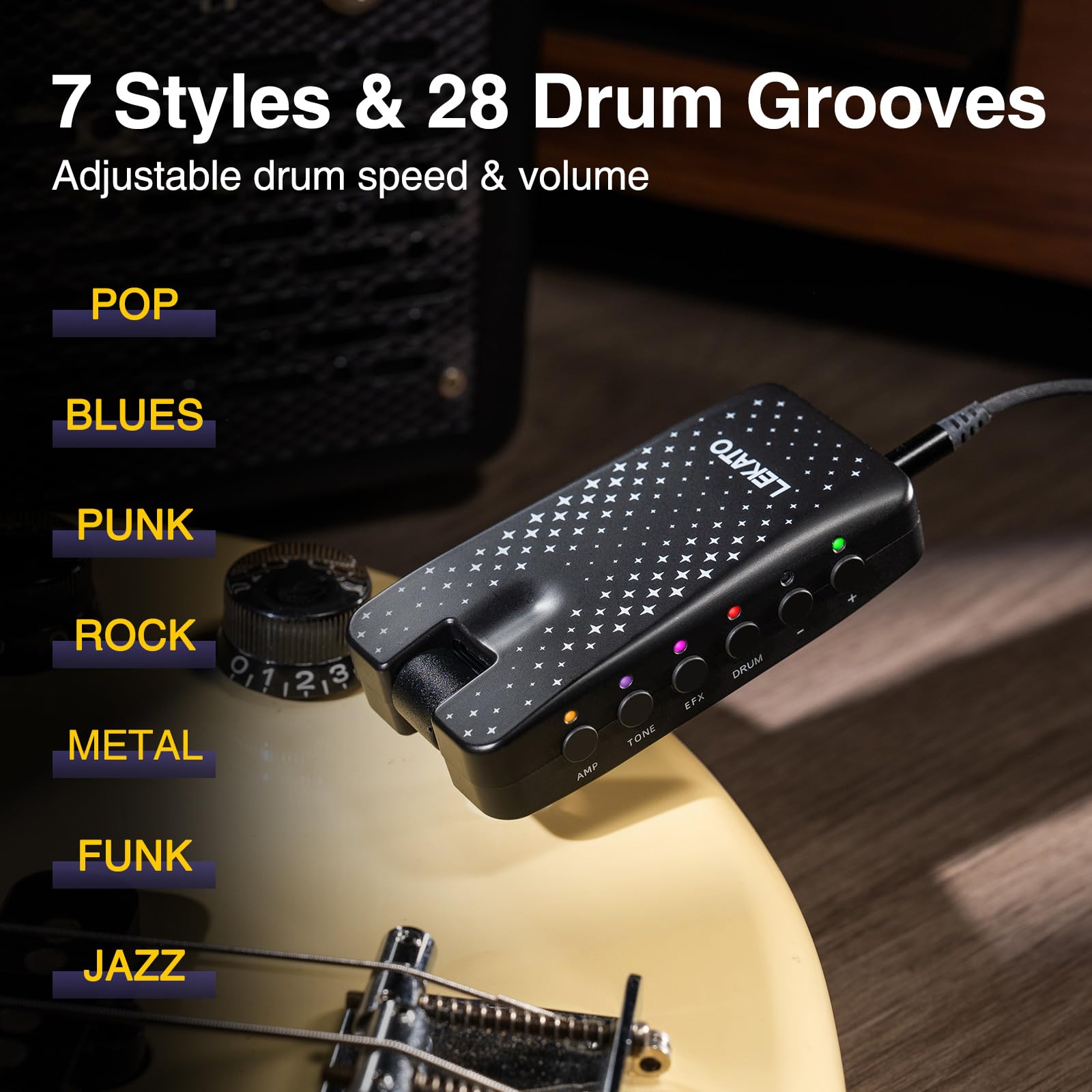 LEKATO Mini-Gitarrenverstärker mit 28 Drum-Grooves, 14 eingebauten Effekten, 14 Verstärkermodellen, wiederaufladbarem Multieffektprozessor mit 14 Presets, Bluetooth, USB-Aufnahme (eingefügt)