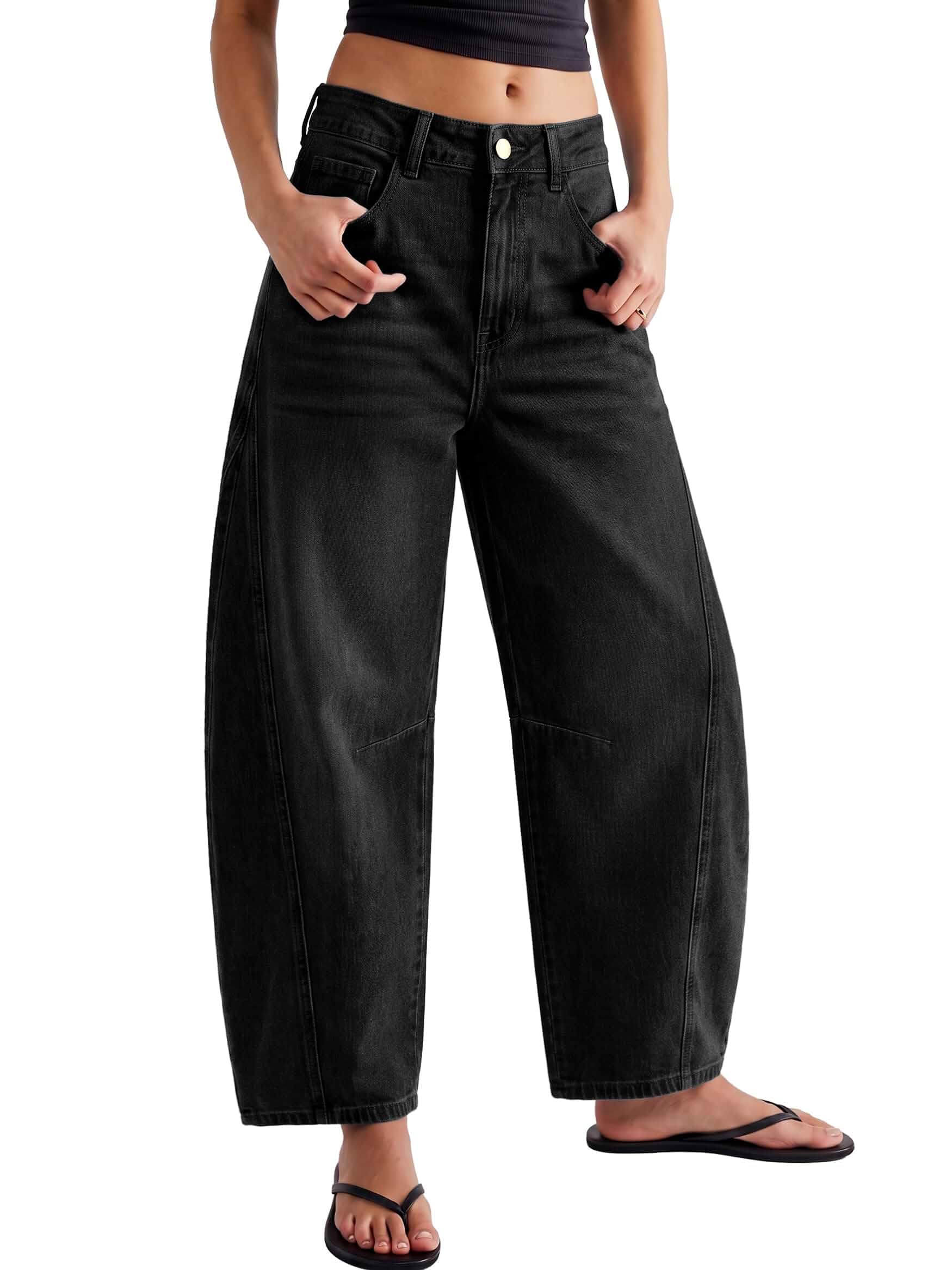 IWD Women's Mid Rise Barrel Jeans Cropped Denim Y2K Style Approx. 27" inseam hits above the ankle. Curved outseam, contoured waistband, 427g substantial fabric, 5-pocket zip fly