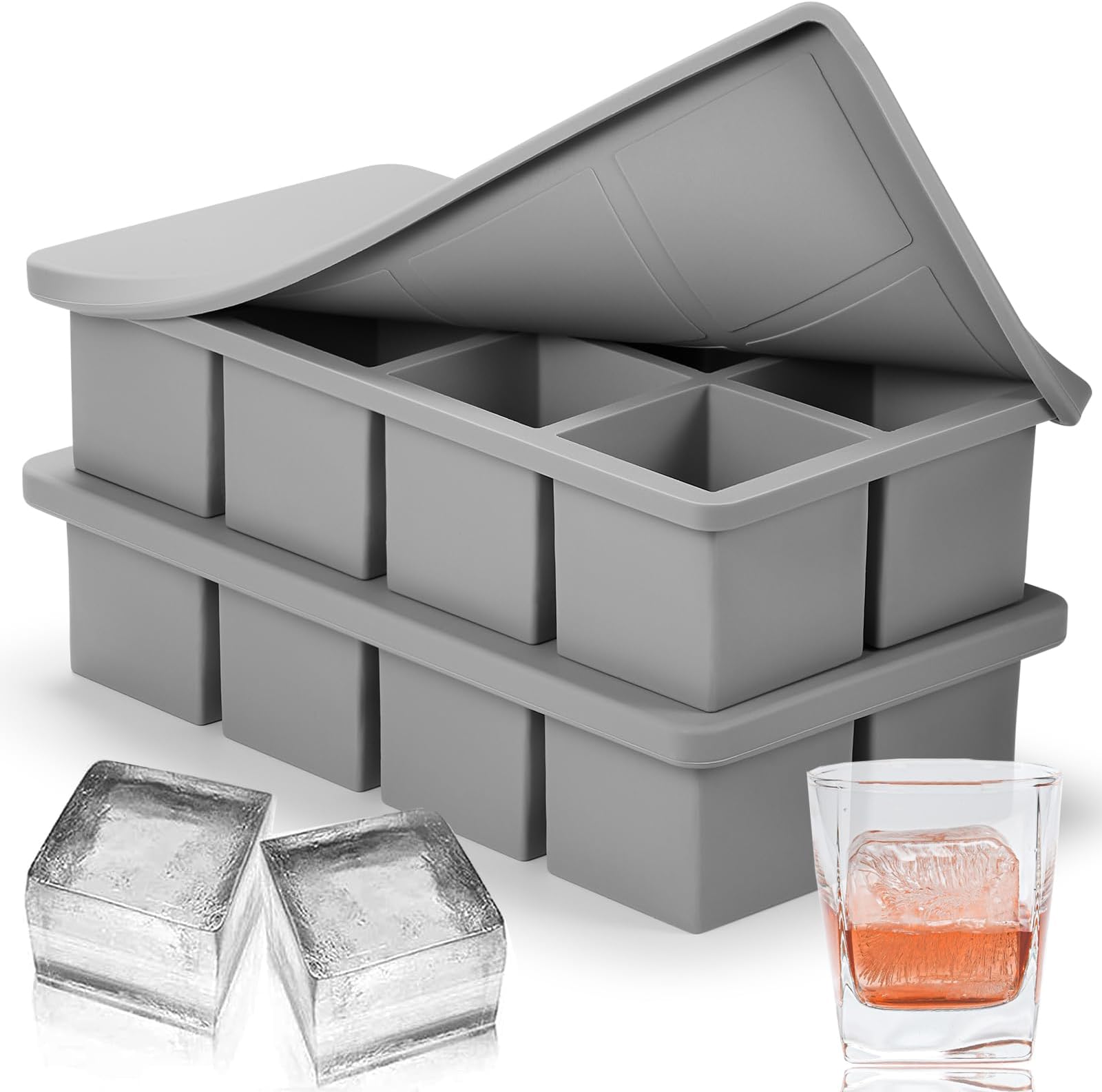 Silicone Ice Cube Tray with Lid 2 Pack (2024 New Version - Secured,Easy Release,Odor Free),Stackable Large Ice Cube Molds, 2" Square Whiskey Ice Cubes Mold for Bourbon,Cocktails,Frozen Treats