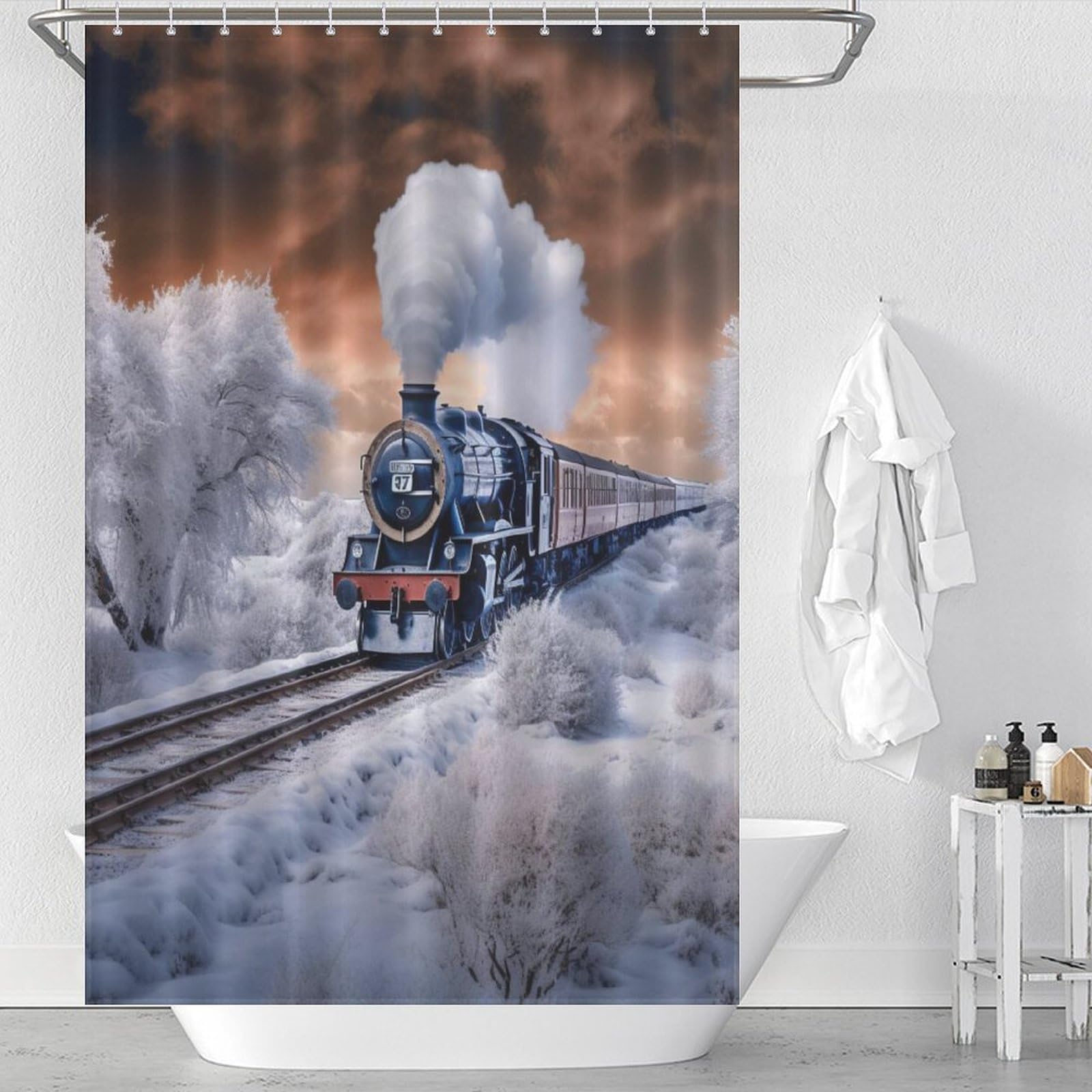 Rideau de douche train à vapeur anti-moisissure et lavable pour baignoire