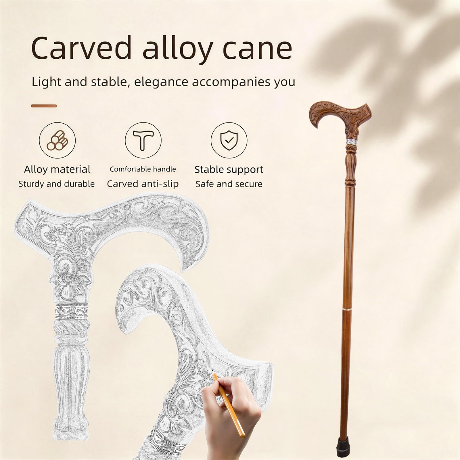 Bastón de Madera, Motivo Floral Tallado a Mano, Unisex, Alta Capacidad de Carga, Mango Ergonómico Confortable, Diseño Elegante
