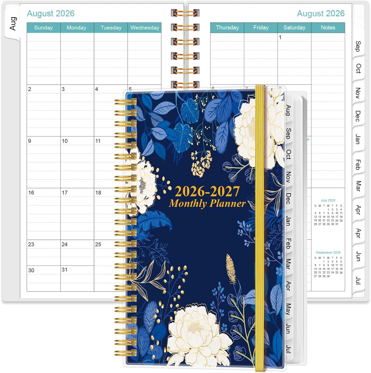 2026-2027 Monthly Planner - August 2026 - December 2027, Two Pages Per Month, 17 Monthly Calendar/Planner with Tabs, Strong Twin-Wire Binding, Inner Pocket, 3.75" x 6.5", Blue Leaf