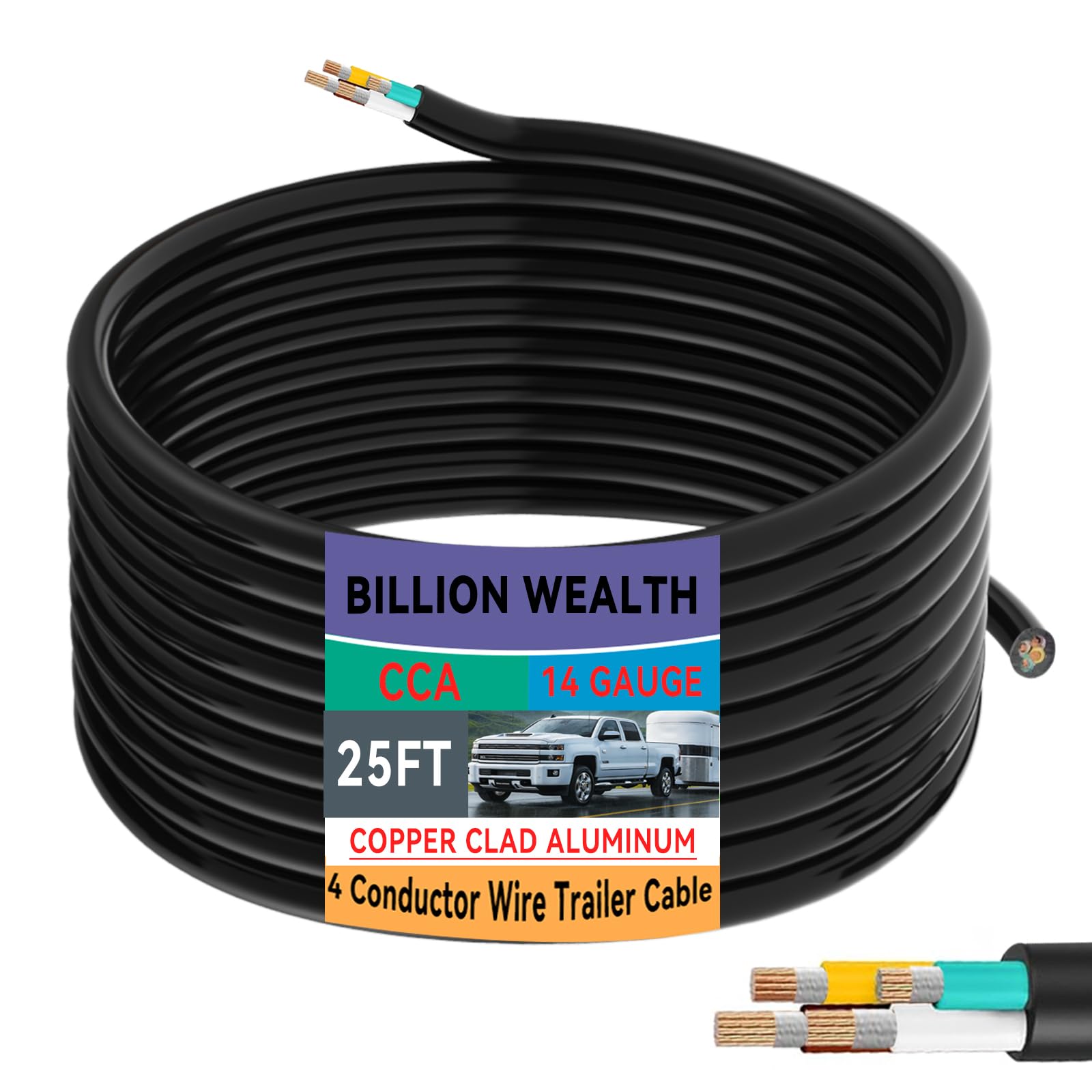 25 FT 14 Gauge 4 Conductor Trailer Wire CCA 4 Way Trailer Light Wire