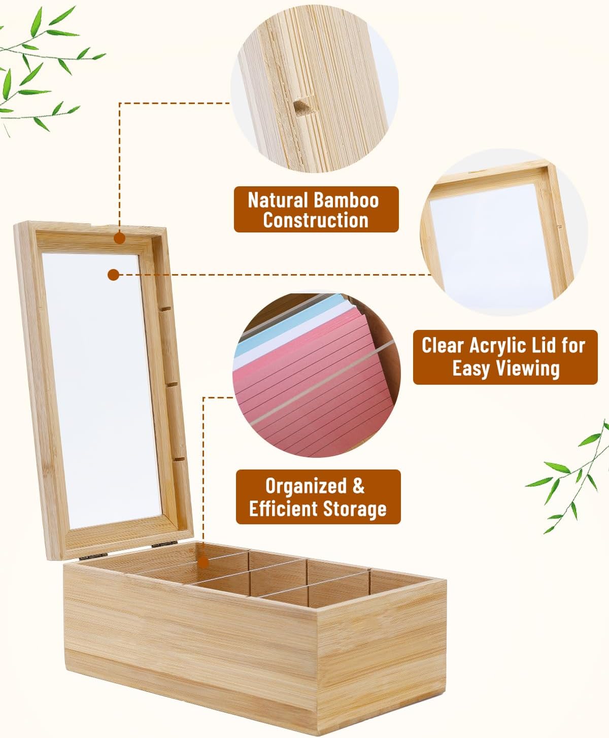 UCEC Index Card Organizer with Dividers Index Card Organizer 3x5 Bamboo Index Card Holder with Dividers Index Card Holder Box 4 Compartments with Acrylic Lid Wood Index Card Organizer Set & 150 Cards