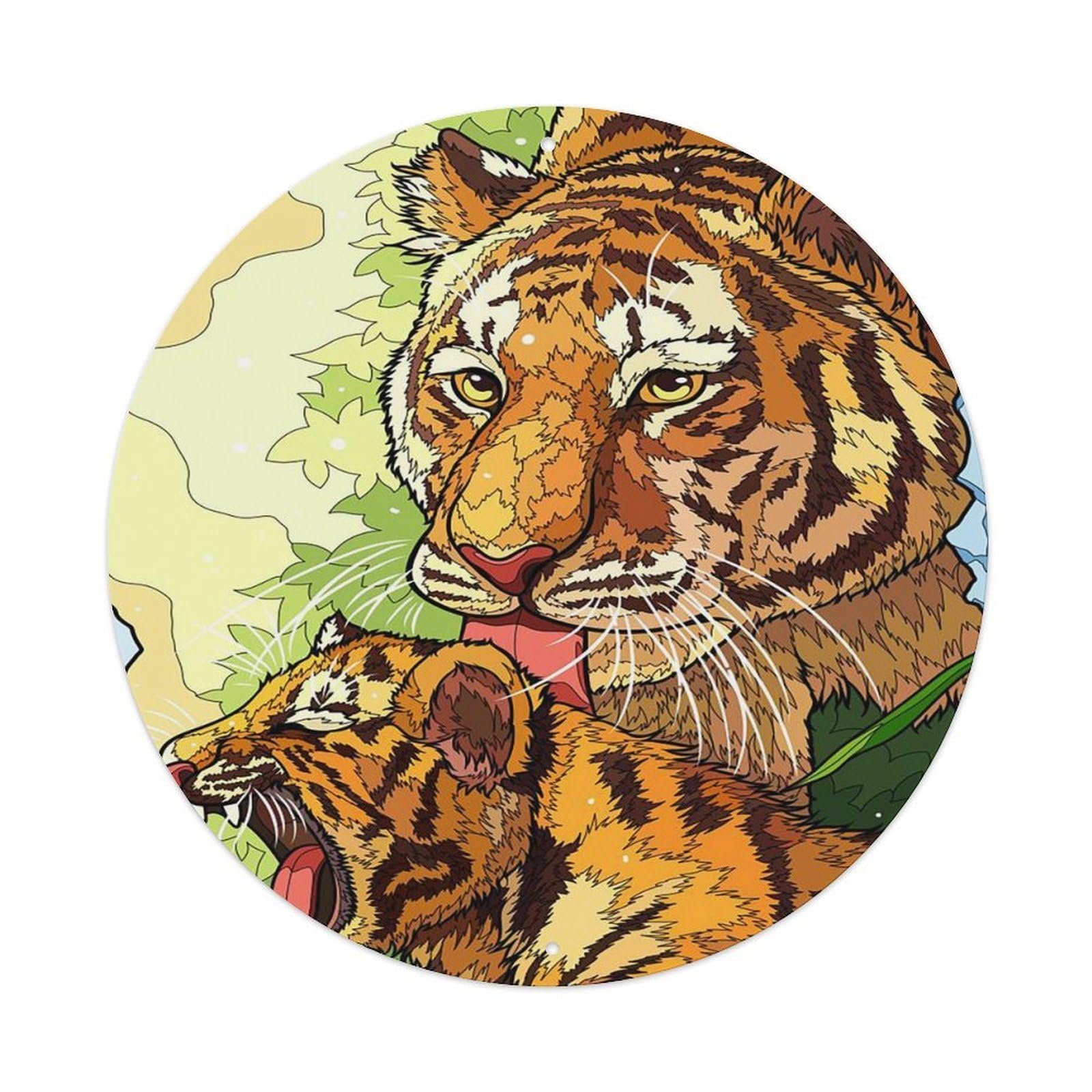 Animals Artwork Tiger And Its Cubs Vintage Metal Tin Sign Plaque Wall Decor for Cafe, Club Bar, Office, Garden Metal Poster 8x8Inch