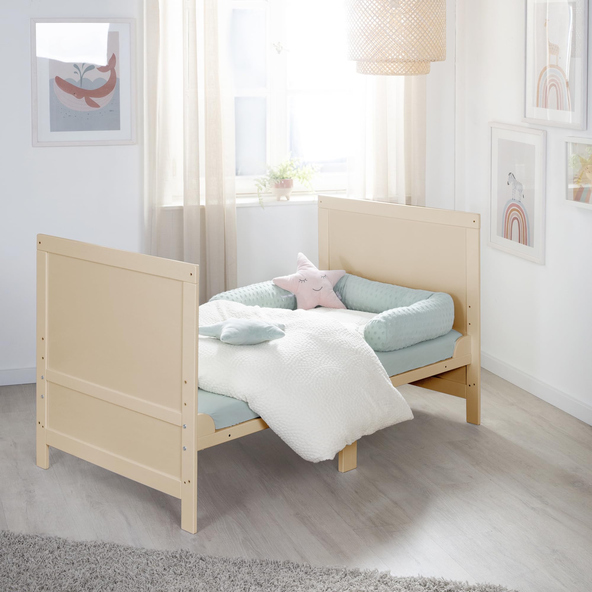 roba łóżeczko dziecięce EASY SLEEP 70 x 140 cm w zestawie z elementami do przebudowy - rosnące łóżeczko ze szczebelkami, 3-stopniowa regulacja wysokości - 3 wyjmowane szczebelki - drewno naturalne