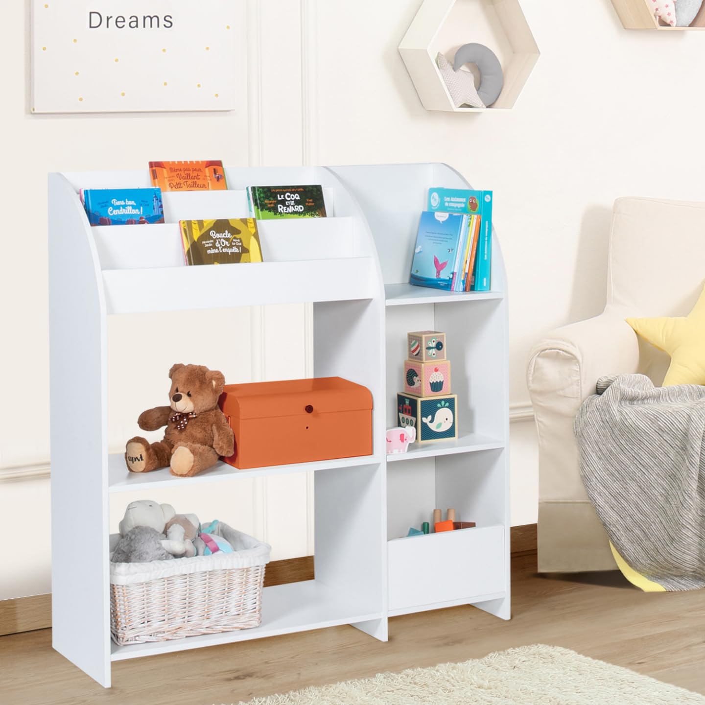IDMarket - Aufbewahrungsmöbel Emma Spielzeugregal und Bücherregal für Kinder aus weißem Holz