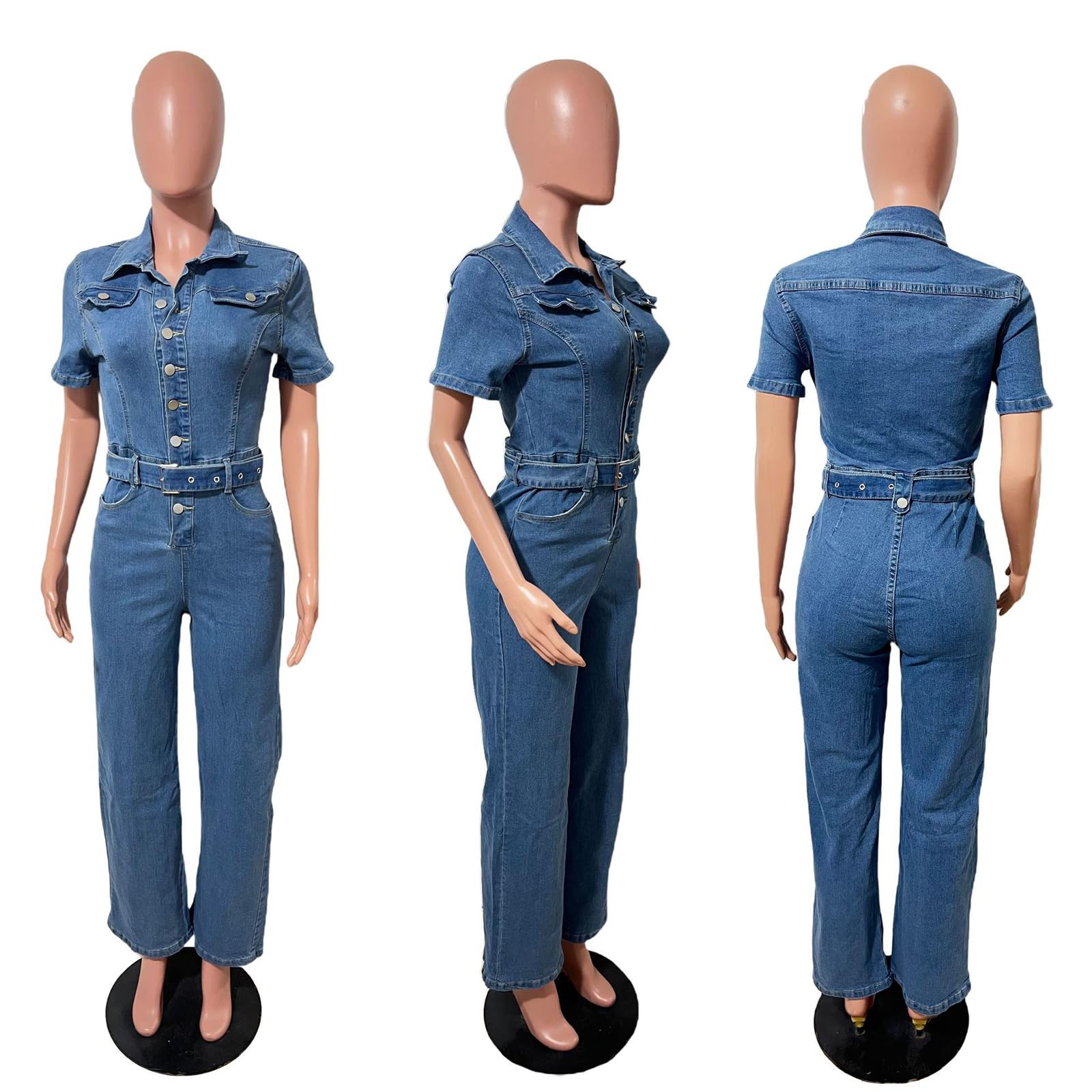 cffdviz Mono Corto Sexy De Mezclilla Para Mujer Con Mangas Cortas Ajuste Slim Botón Delantero Y Cinturón