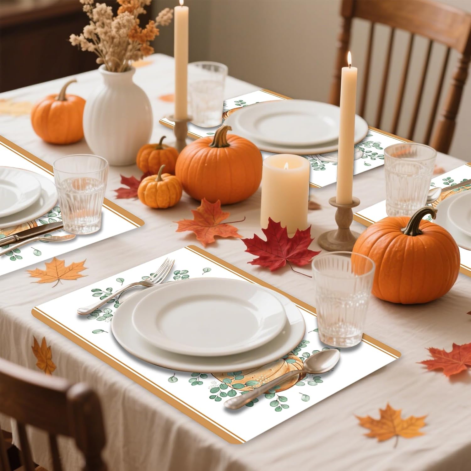 Tarklanda Fall Vinyl Table Placemats Set of 6, 11 x 15.7 Inches Washable Plastic Placemats for Kitchen Dining Party - Orange Pumpkin