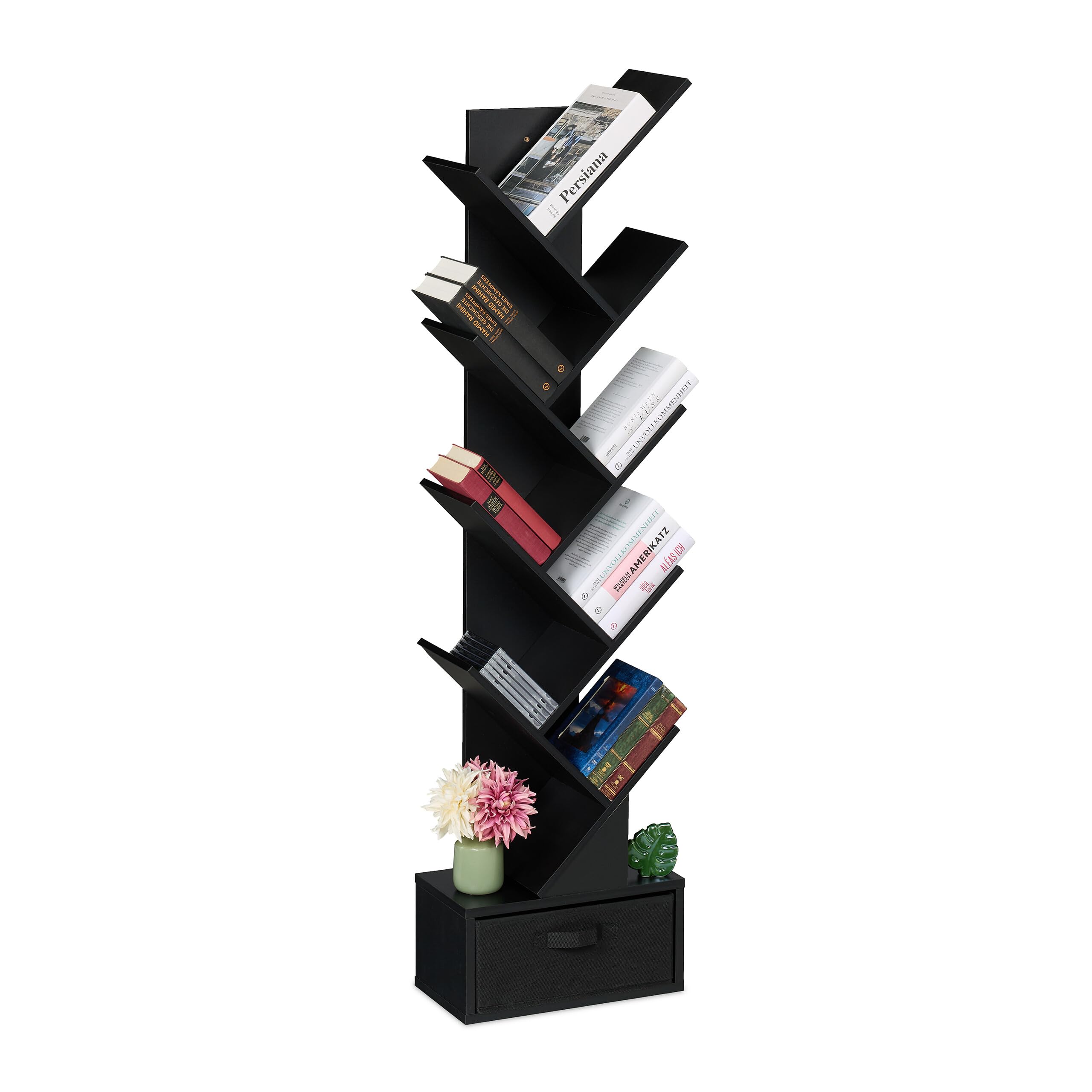 Relaxdays Tree Bookshelf, 9-Tier Bookcase, HWD: 146 x 38 x 22 cm, Storage for Books & CDs, Free-Standing, Drawer, Black
