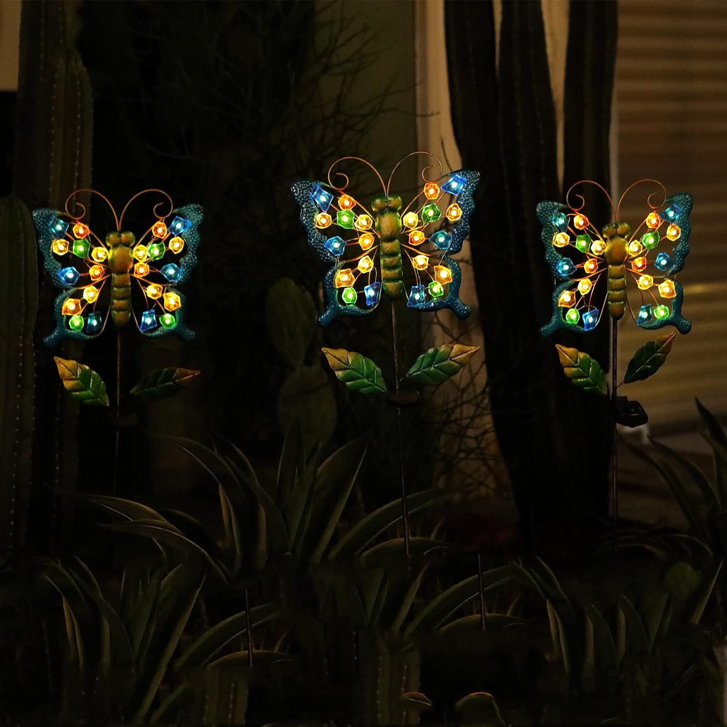 39 Inch Butterfly Garden Decor, Flower Solar Lights Stake Metal Butterfly with 22 Pcs Warm White Sea Glass for Outdoor Lawn Patio Backyard