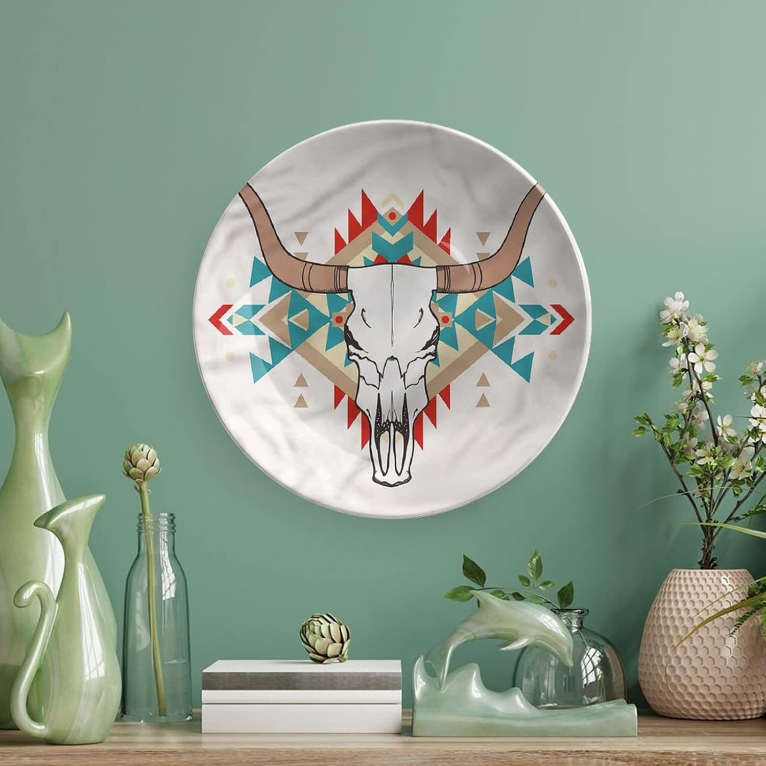 7 Inch Decorative Plate, Western Ceramic Stoneware, Deer Skull Ornamental Design Print Ornament Display Plate for Dining Table Setting, Wedding Reception Decorations, Christmas Tablescape, Muticolor