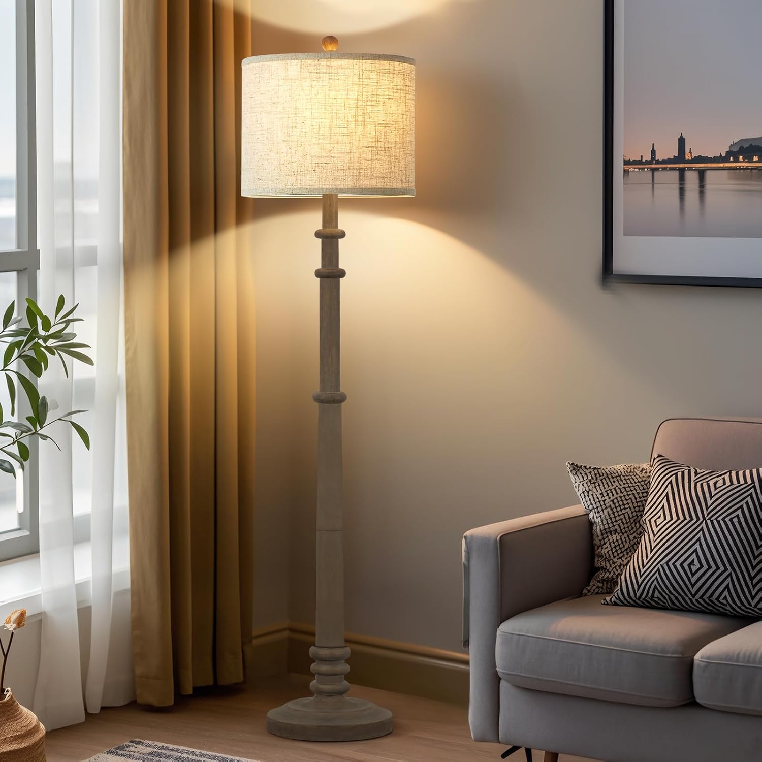 Floor Lamps for Living Room - 60" Resin Farmhouse Floor Lamp with Adjustable Color Temperatures - Vintage Standing Lamp Reading Light with Linen Shade Retro Tall Lamp for Bedroom Office, Grey