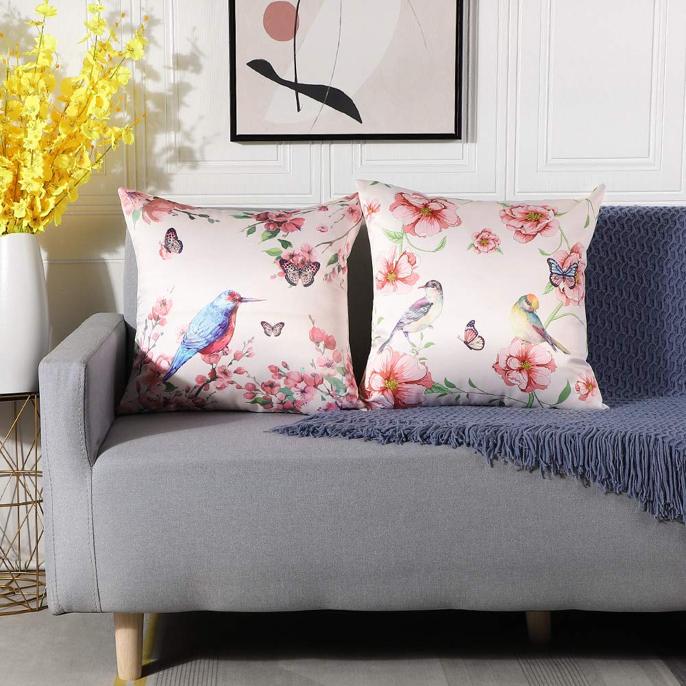 Artscope Set 2 Federe Per Cuscini In Seta 45x45 Cm: Motivi Fiori, Uccelli E Farfalle, Rosa