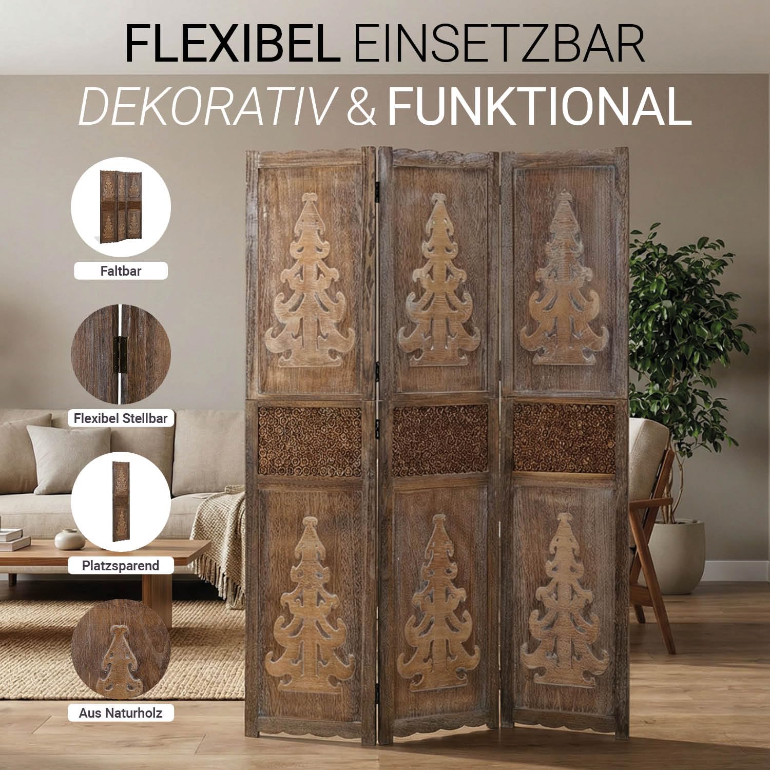 Homestyle4u 1890, Paravent 170x120 Raumteiler 3-teilig Holz Trennwand Sichtschutz mit Ornamente Braun