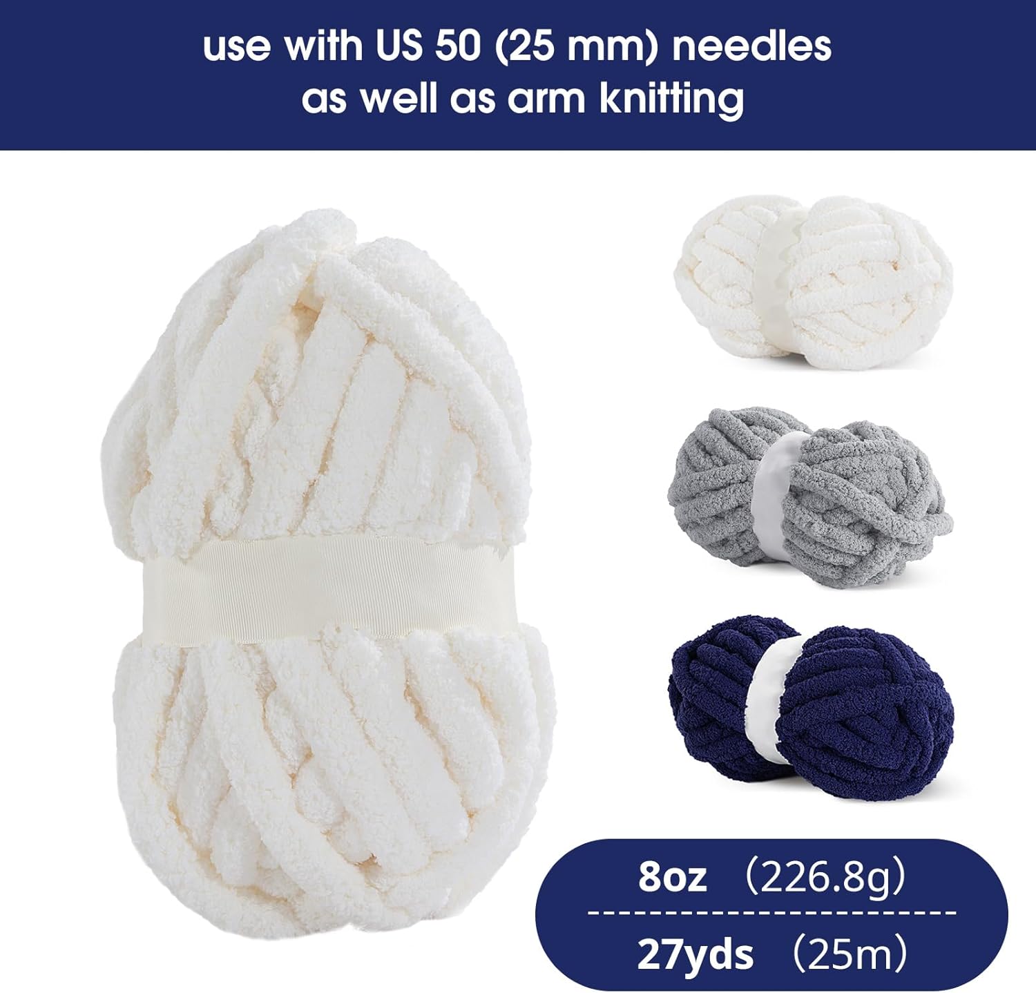 HOMBYS Chunky Chenille Yarn for Crocheting, Super Bulky Jumbo Yarn for Hand Knitting, 3/4" Thick Soft Plush Yarn for Blankets, 8 Skein Pack (27 yds / 8 oz Each), Multi Assorted Cream Grey Navy