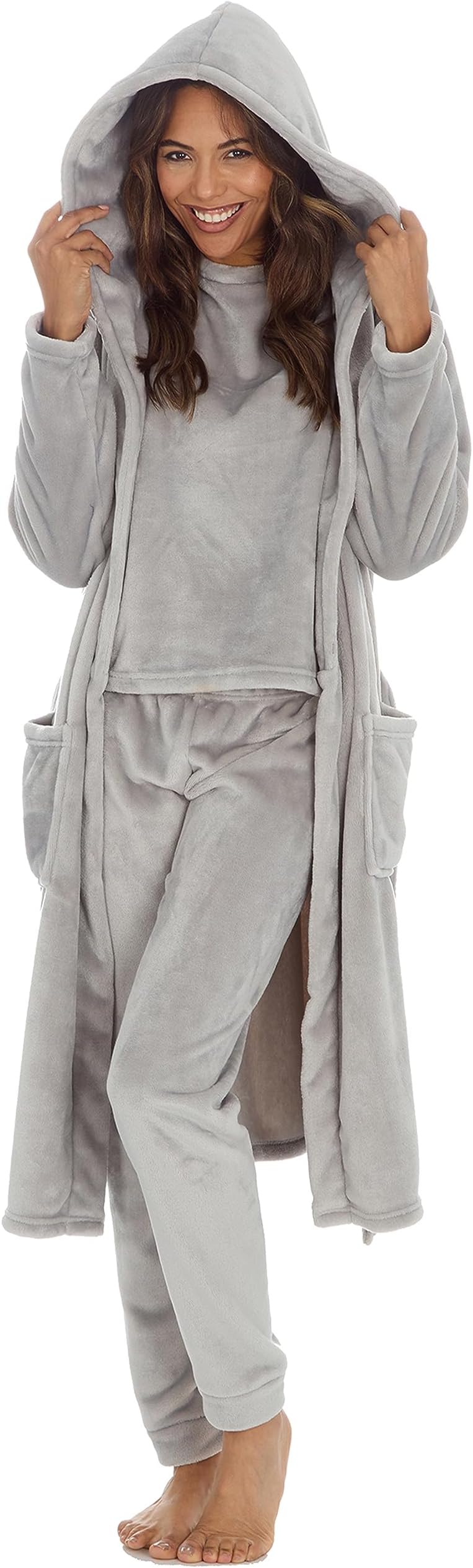MetzuyanLadies Matching Lounge Set Plush Fleece Knee Length Robe and Long Sleeved Pyjama Set Sizes S-XL