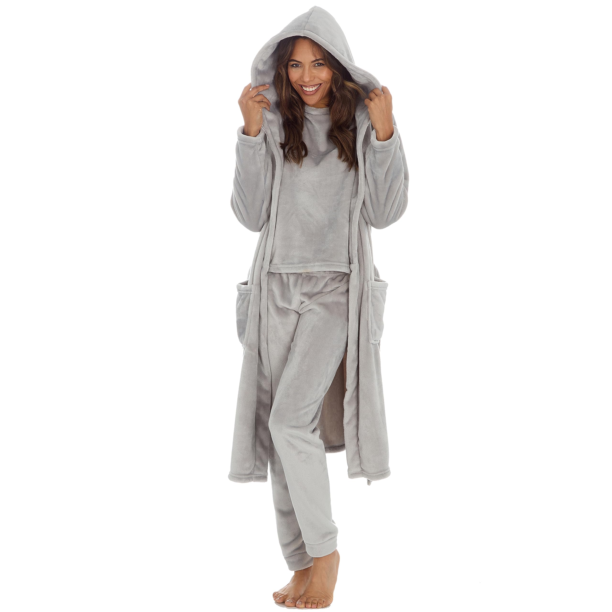 MetzuyanLadies Matching Lounge Set Plush Fleece Knee Length Robe and Long Sleeved Pyjama Set Sizes S-XL