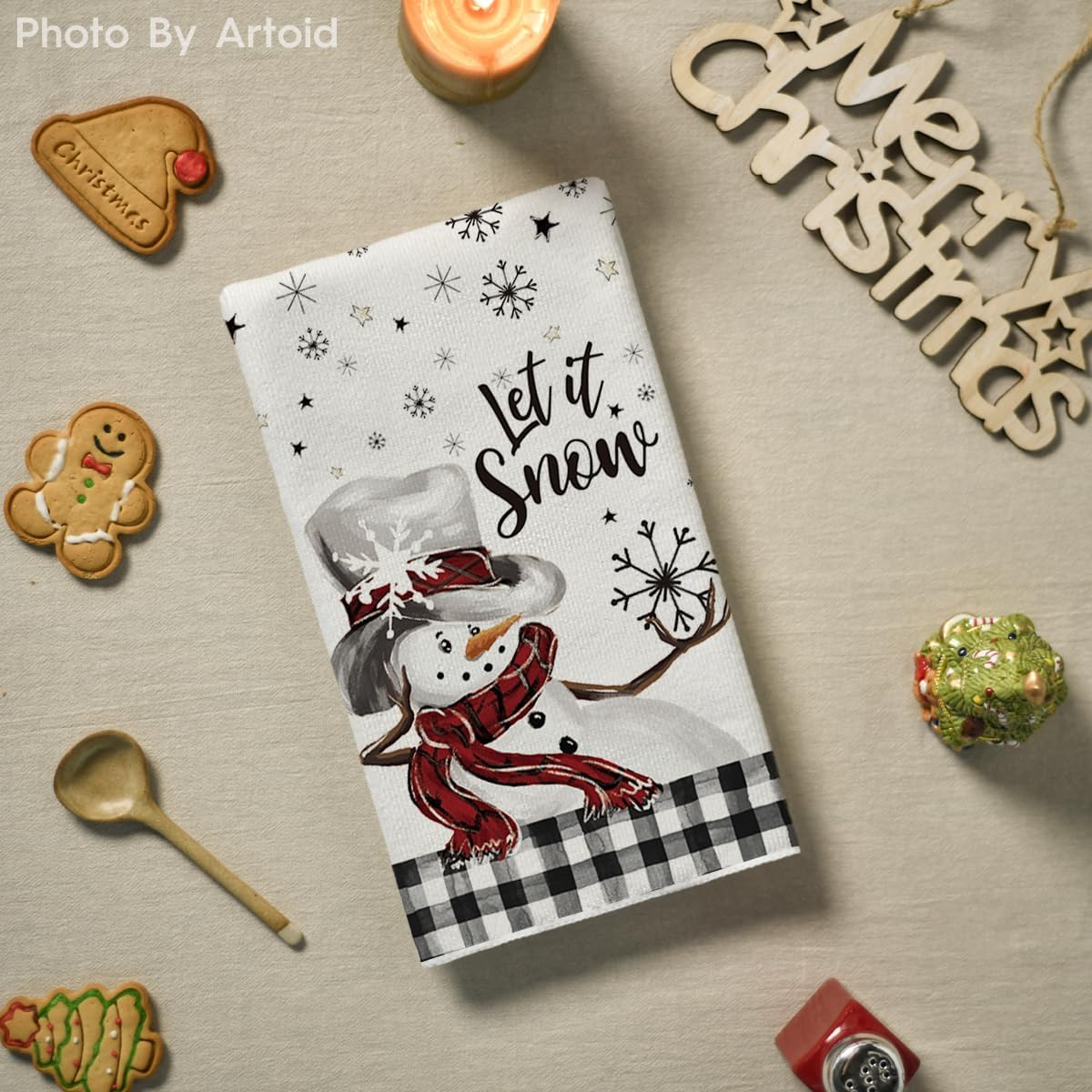Artoid Mode Buffalo Plaid Snowman Let It Snow Winter Kitchen Towels Dish Towels, 18x26 Inch Daily Seasonal Christmas Decoration Hand Towels Set of 2 - Image 4