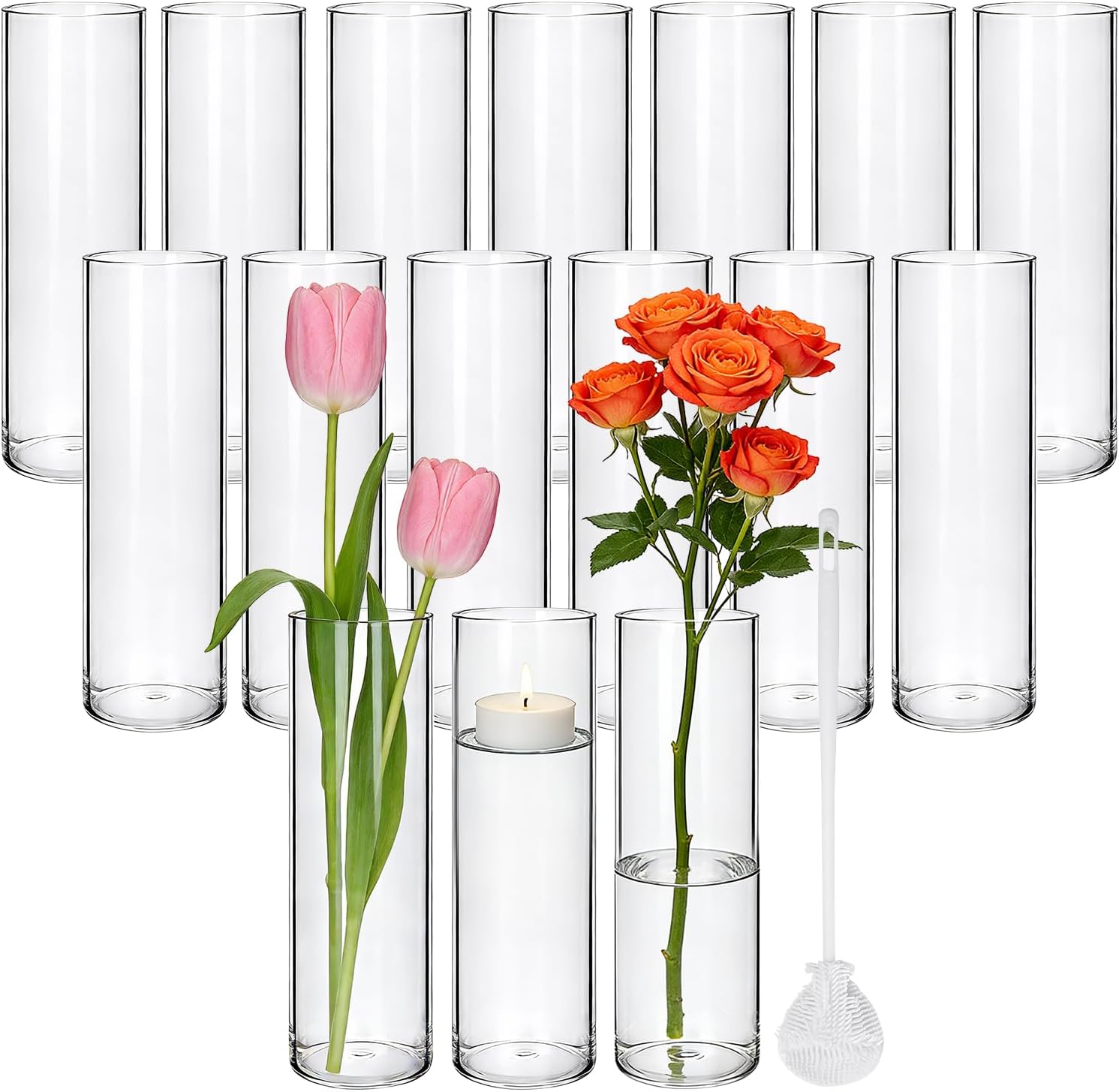 16 Pack Glass Cylinder Vase, 7.67" H×2.36" W Clear Vases for Centerpieces, Flower Vases for Bouquet,Hurricane Vase Ideal for Wedding Table Centerpieces, Floating Candles & Bouquet Arrangements