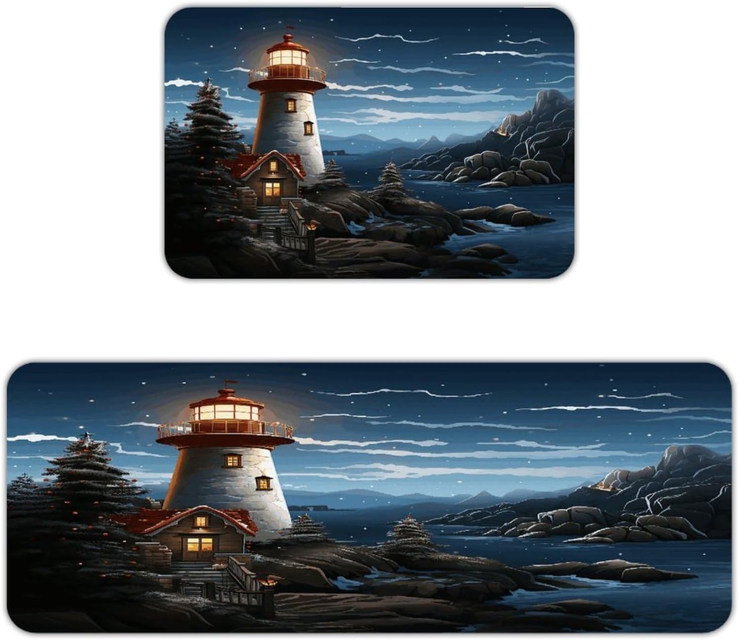 Santa Claus Lighthouse Kitchen Mat Washable Non Slip Rugs Soft Kitchen Mats for Floor Set of 2 PCS Cushioned Absorbent Runner Standing Rugs for Home Sink Laundry Office