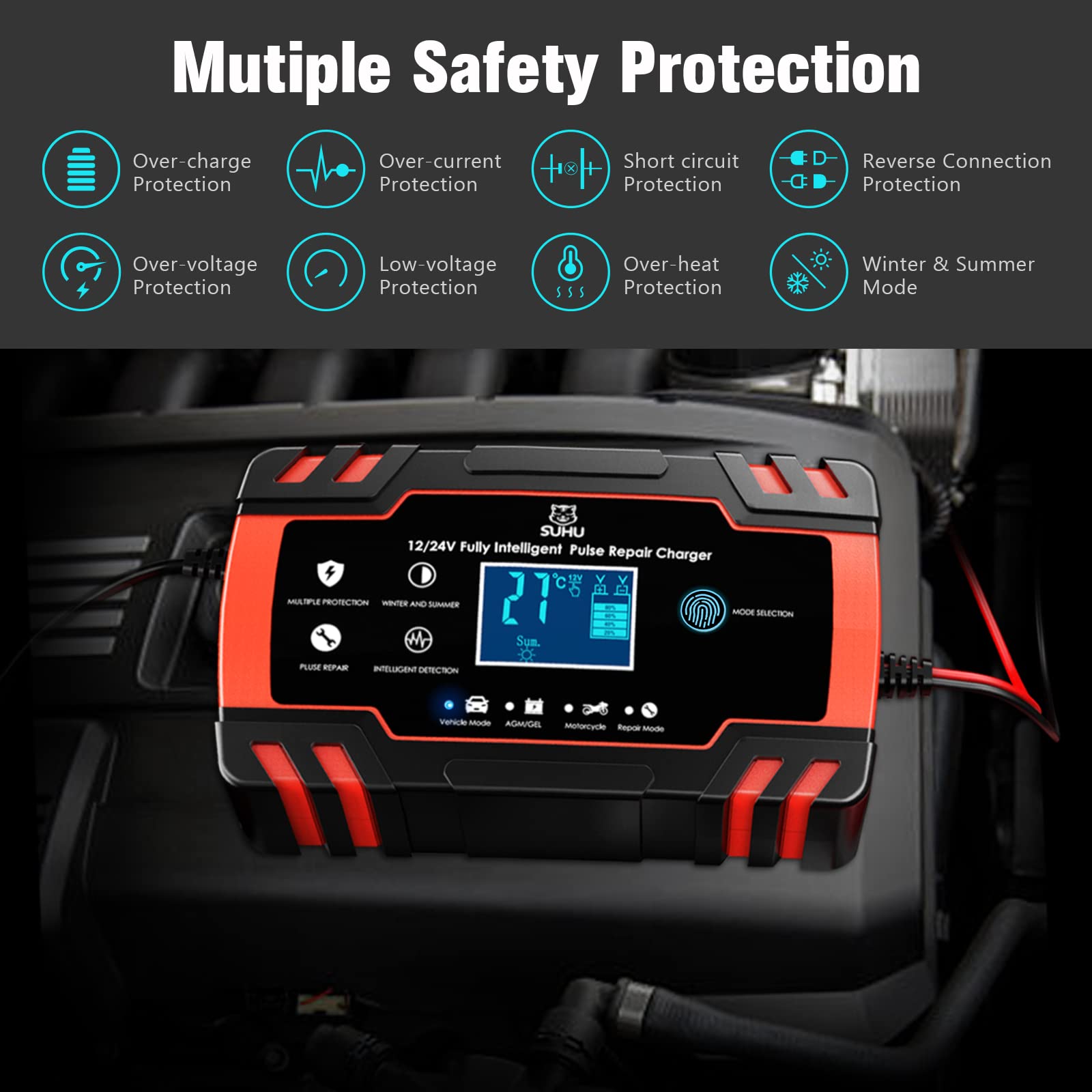 Buy SUHU Car Battery Charger, 12V/8A 24V/4A Smart Automatic Battery Charger Maintainer Trickle