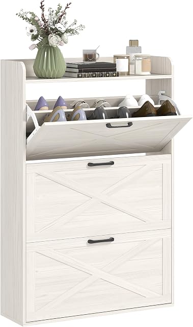 HOMCOM Narrow Shoe Cabinet for Entryway, Farmhouse Slim Shoe Storage Cabinet with 3 Flip Drawers, Adjustable Shelves, Open Compartment and Barn Doors for Hallway, White Oak