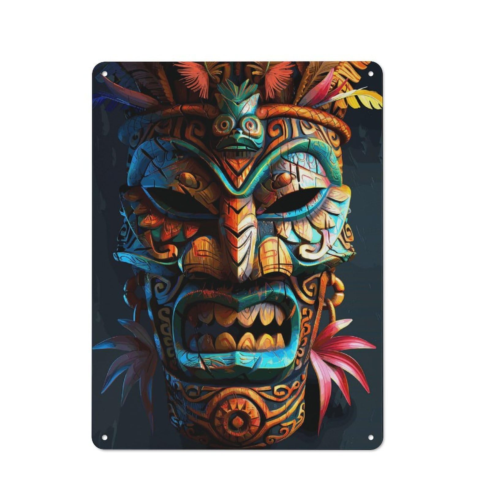 Junmoney Style-20 Vintage Tin Sign 40X30cm With Indigenous Tiki Tribe Mask For Kitchen Or Home Bar, Suited To Home Bar Enthusiasts