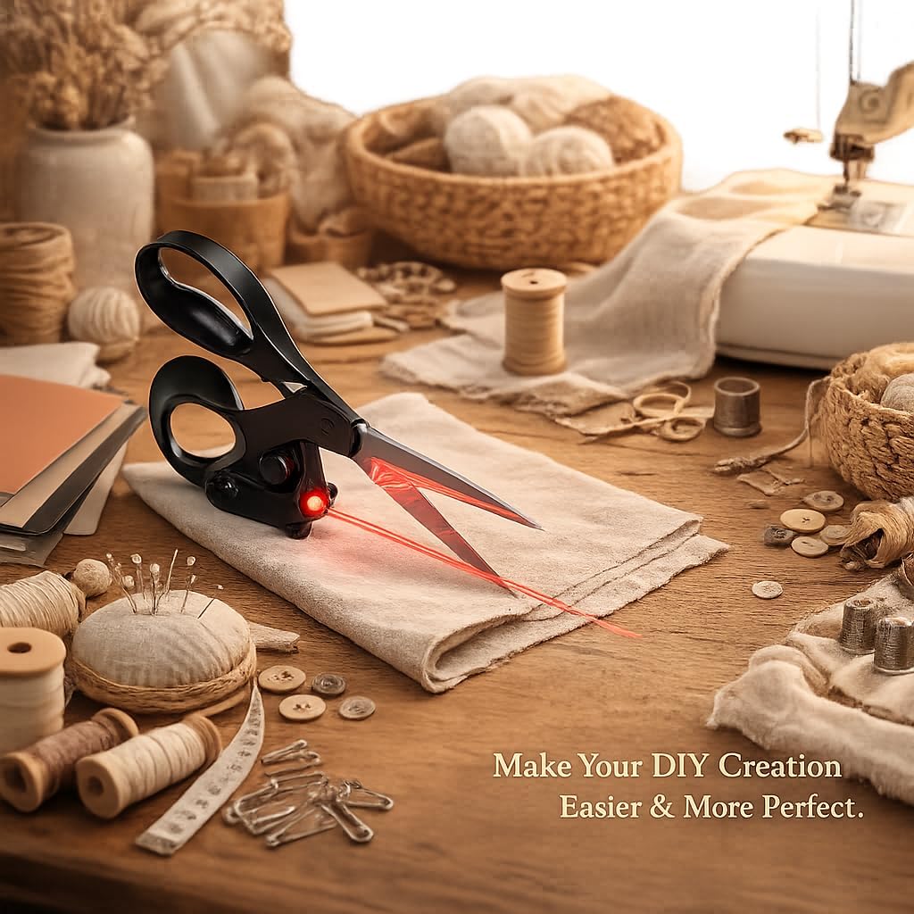 Professional Laser Guided Sewing Scissors for Fabric Paper Gift Wrapping DIY Crafts Straight Cut Ergonomic Handle (Black)