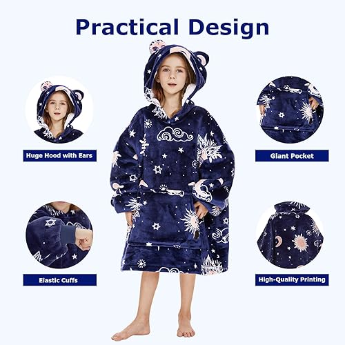 Miniatura 3 de THREE POODLE Manta con capucha para niños, manta Sherpa de gran tamaño con capucha para niños, extremadamente acogedora, cálida, suave y mullida,