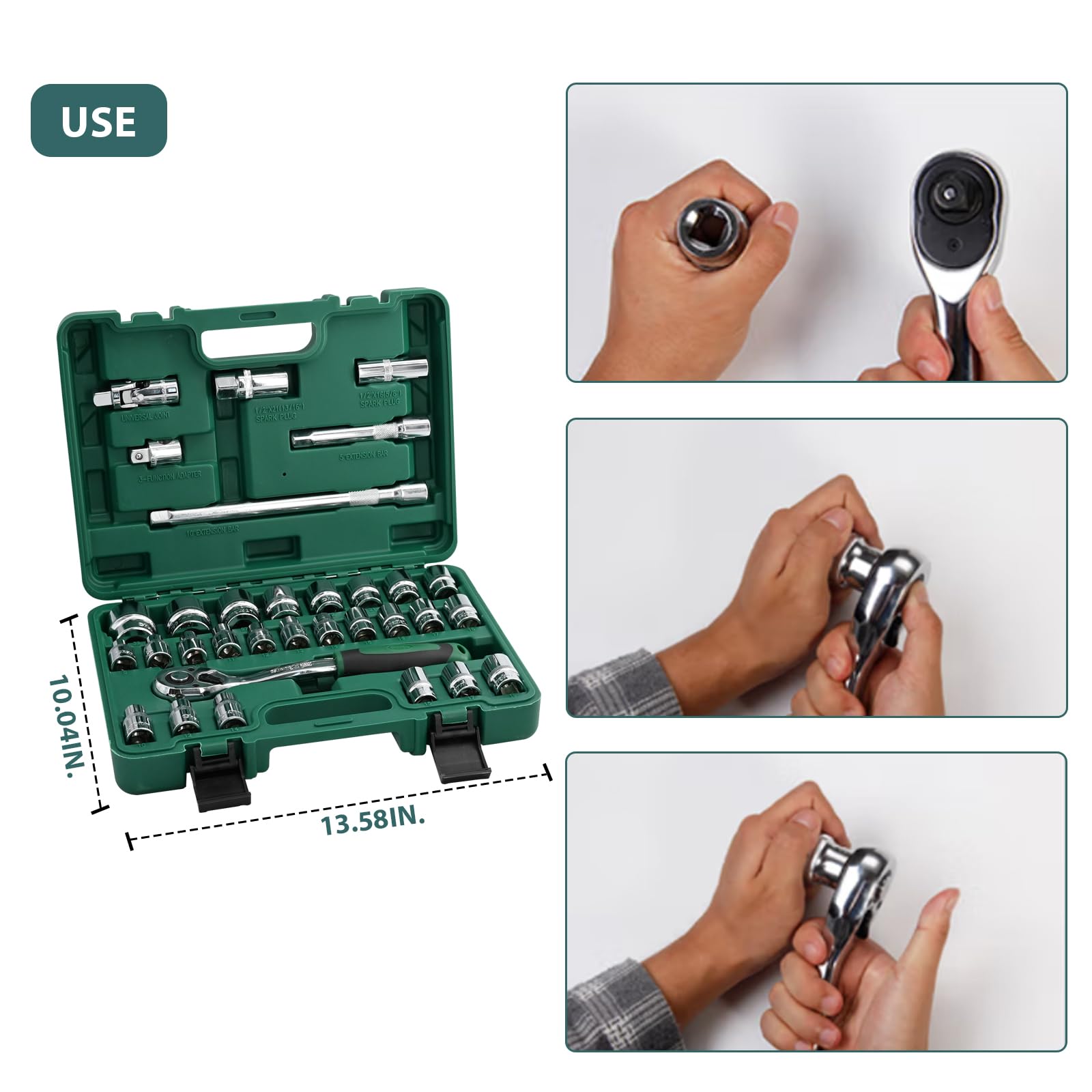 Lot de 33 outils de mécanicien, entraînement de 1,3 cm, clé à douille métrique CR-V pour mécaniciens professionnels universels, amateurs de bricolage, réparation automobile et domestique avec