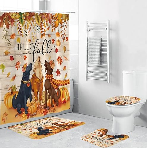 Juego de 4 cortinas de ducha de otoño con diseño de calabaza y hojas de arce para perro, cortina de ducha impermeable con alfombra de baño