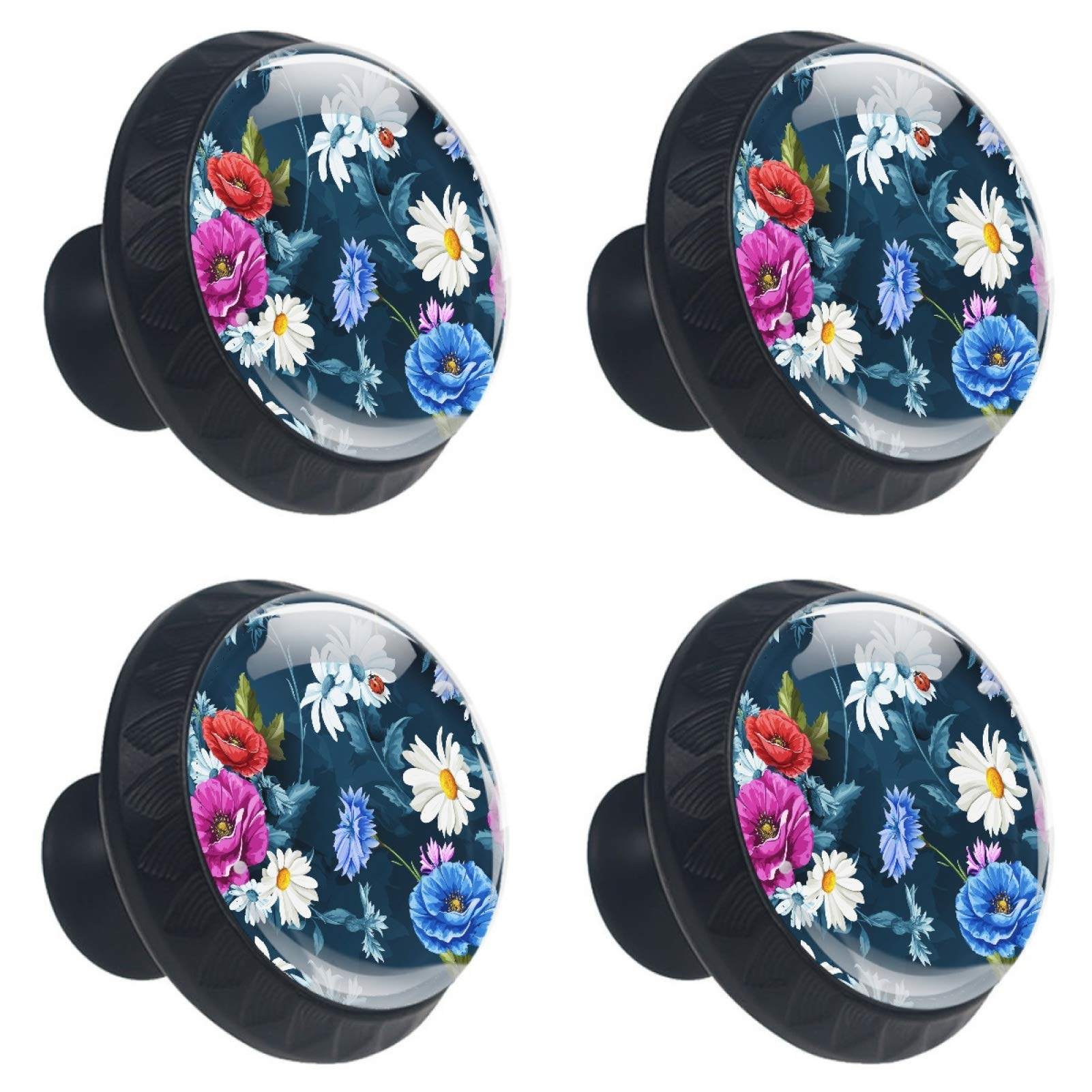 Bouton rond en verre au design floral bleu 30 mm de qualité premium