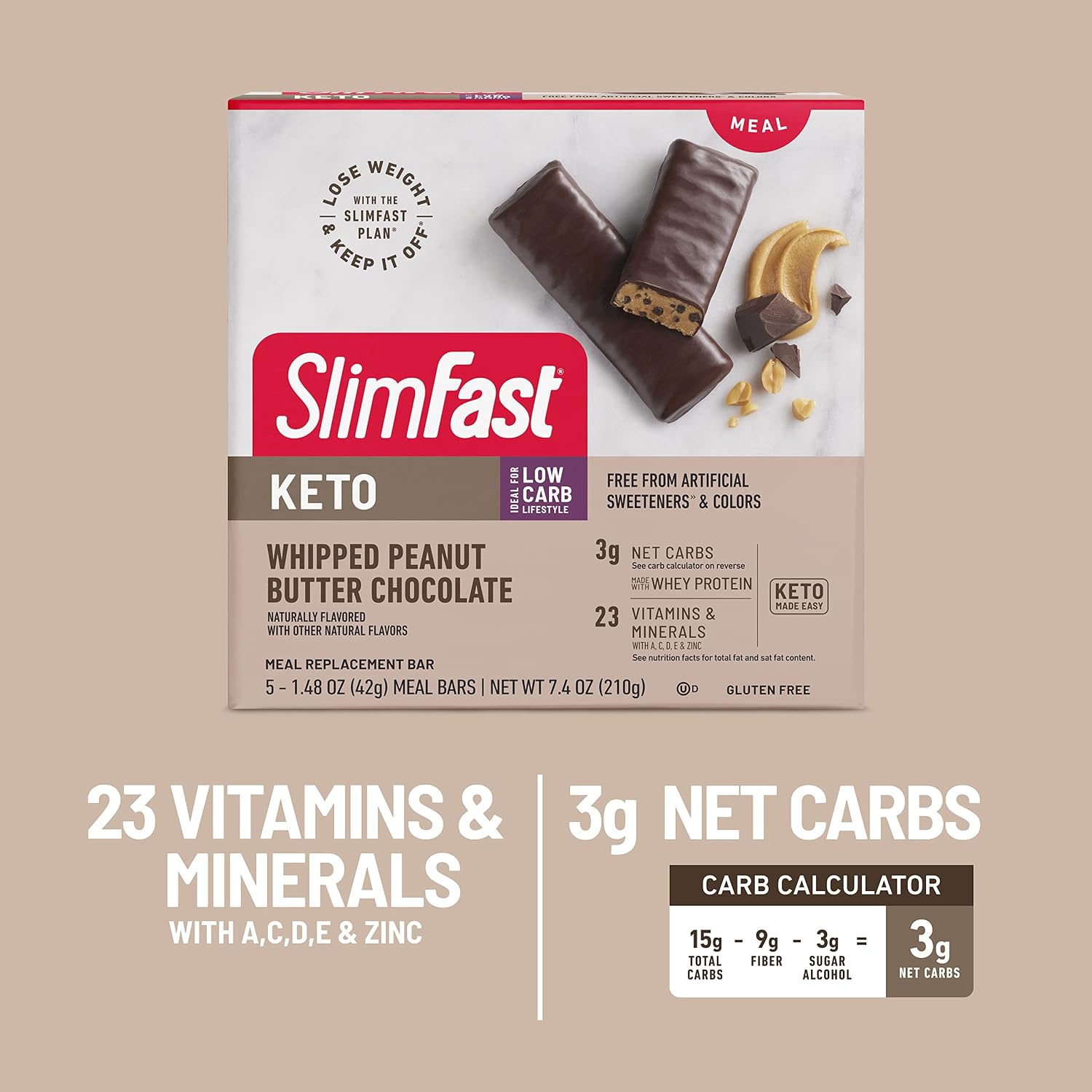 SlimFast Low Carb Meal Replacement Whey Protein Bar, Keto Friendly Chocolate Snacks for Weight Loss with 7g Protein, Whipped Peanut Butter Chocolate, 5 Count Box (Packaging May Vary)