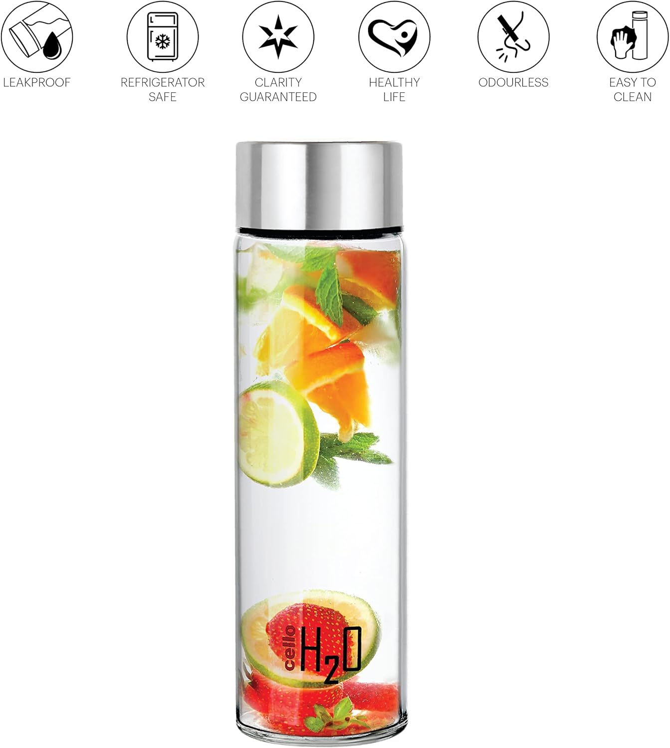 CELLO H2O Steelox Glass Water Bottle | Glass Fridge Bottle | Wide mouth for Easy Cleaning | Bottle for Hotel, Travel, Office, College | Set of 3 | 920ml, Silver