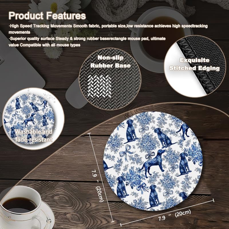 Chinoiserie Labrador Retriever Round Mouse Pad, Labrador Retriever Gifts, Grandmillennial Blue and White Bow Floral Dog Mousepad Mat for Home Office Computer Laptop Desk Accessories 7.9x7.9 in image 2