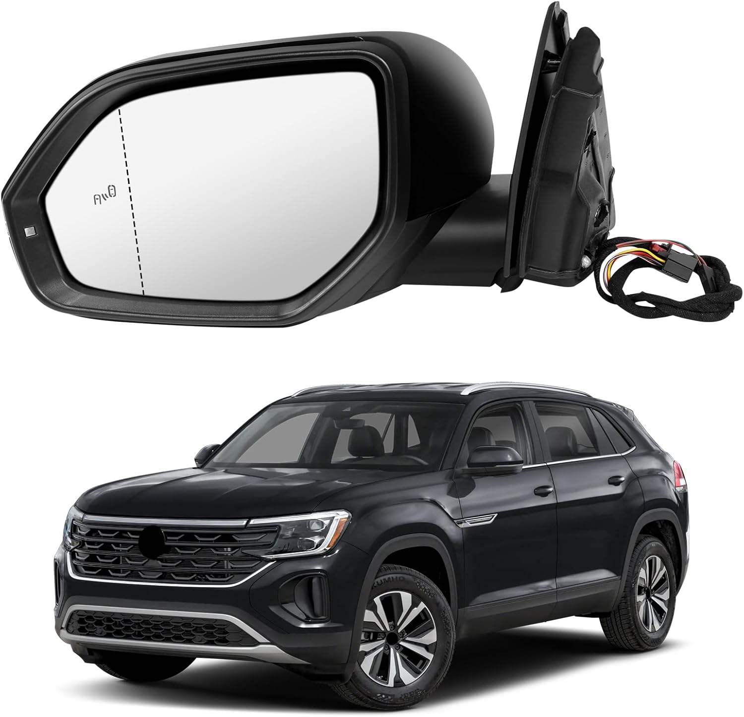 Left Driver Side Door Mirror Compatible with 2018-2024 Volkswagen Atlas, w/Heated, Blind Spot, LED Turn Signal, Power Glass, Manual Folding, Black 8 Pins