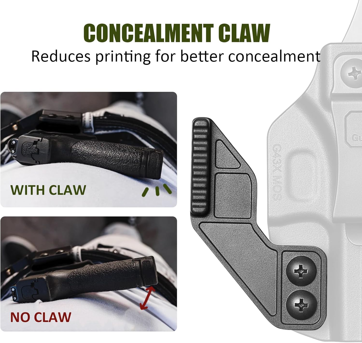GUN & FLOWER IWB Holster with Claw - Fit for Glock 43 / 43X / 43X MOS & PSA Dagger Micro & Glock 48/48 MOS - Optic Cut - Inside Waistband Carry - Adj. Cant & Retention - Fits 1.5" Belts - Right Hand