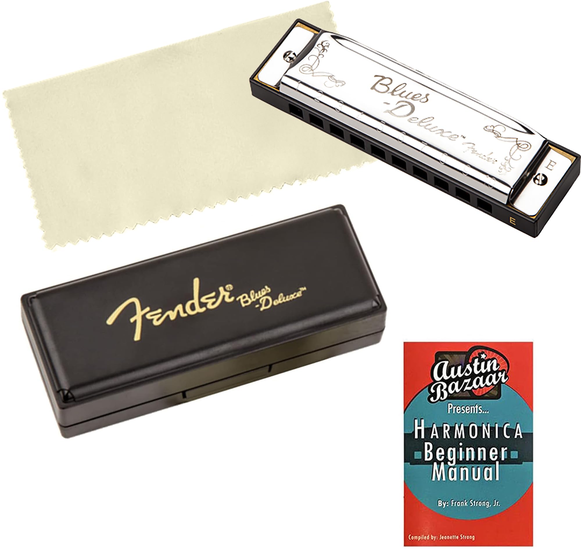 FenderBlues Deluxe Harmonica - Key of E Bundle with Carrying Case, Austin Bazaar Online Manual, and Polishing Cloth