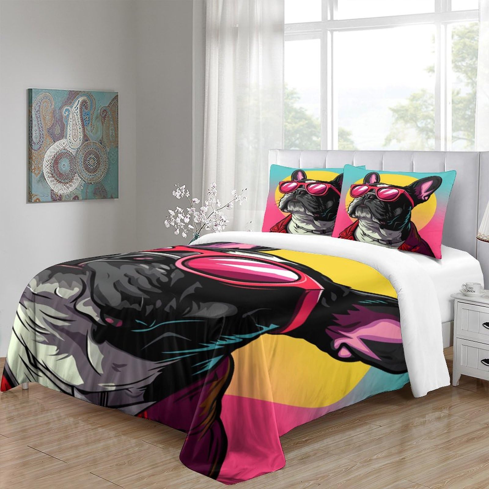 Stampato in 3D Bulldog francese Copertina Stampata Microfibra Disegnata Biancheria Da Letto Ipoallergenico Con 2 Federe,Double（200x200cm）, Per Adolescenti E Adulti
