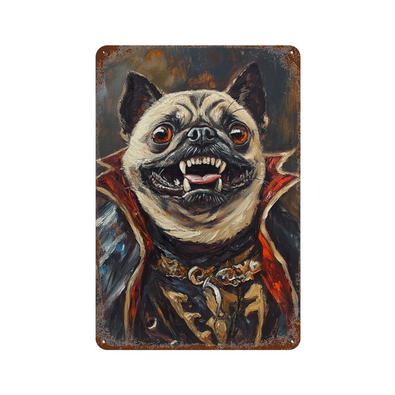 Rust Effect Vampire Pug Art Print-2 Rusty Metal Tin Sign 11.8"x7.9", Old School Wall Decor for Cafe, Home Bar And Lounge Decor