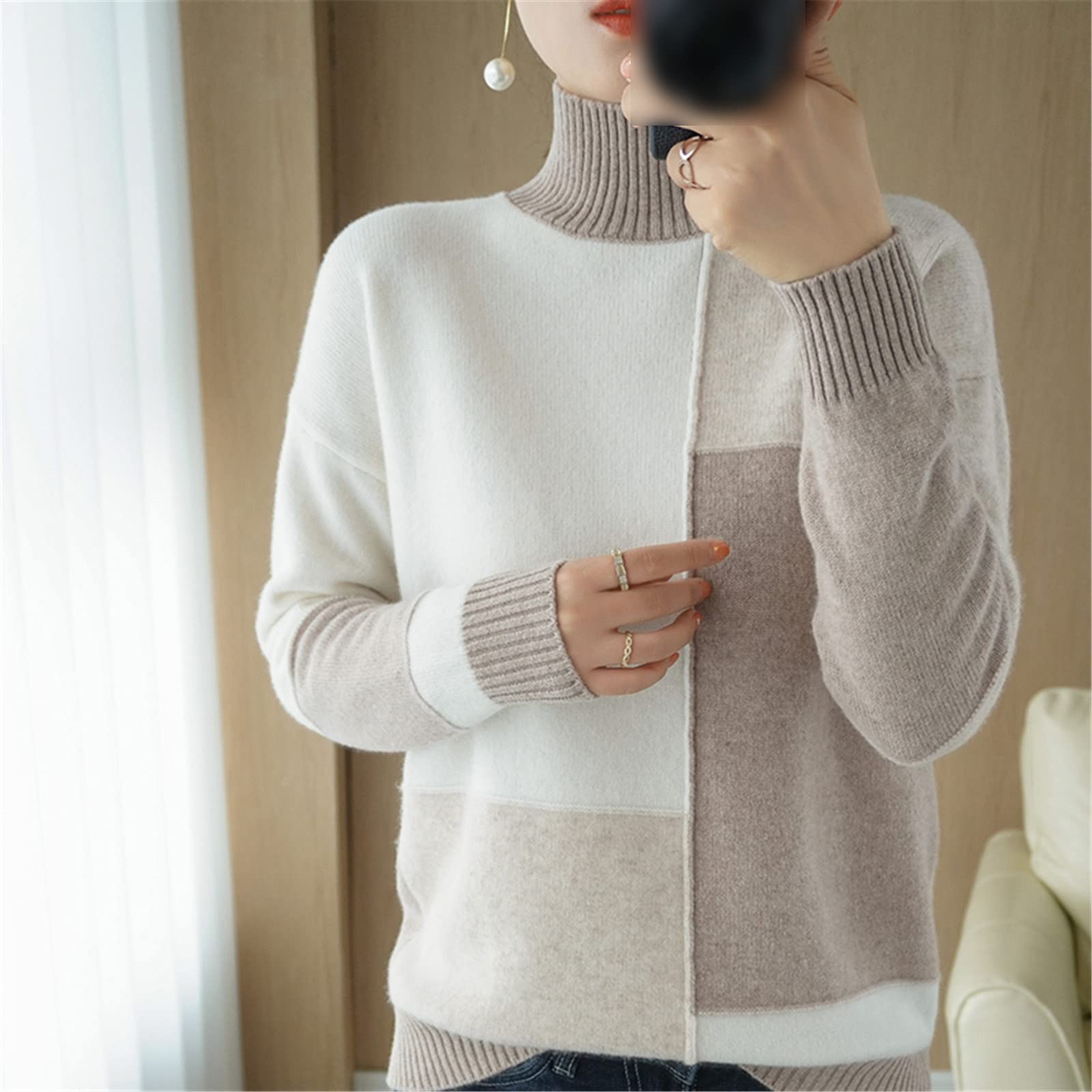 Kelsiop Maglione di cachemire Dolcevita da donna Color-Blocking 100% Lana Pullover Moda Caldo Maglia Bottoming Shirt