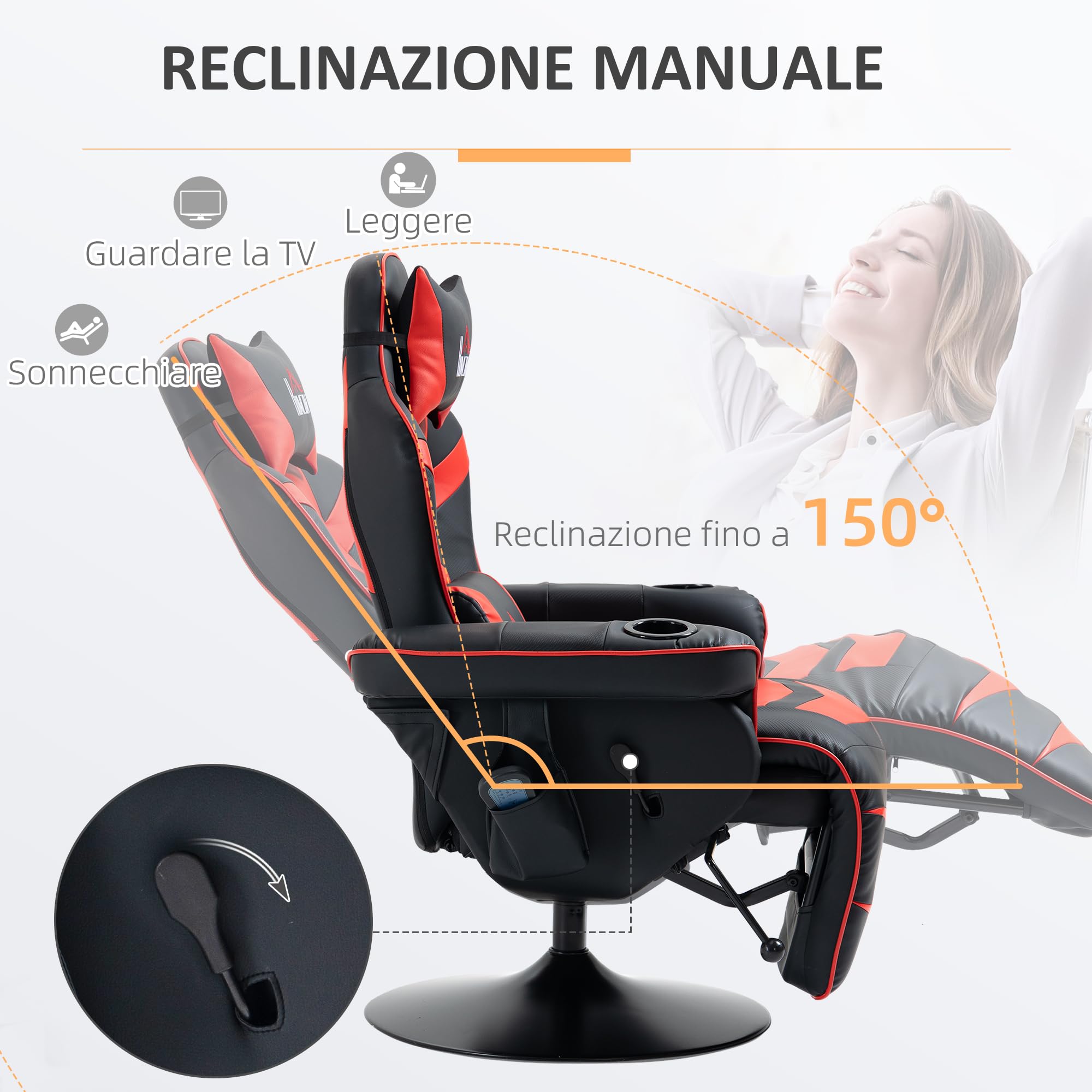 HOMCOM Sedia da Gaming Massaggiante e Reclinabile con Poggiapiedi, Portabicchieri e Cuscino, Sedia Ergonomica in Finta Pelle, Acciaio, 79.5x82.5x111.5 cm, Nero e Rosso