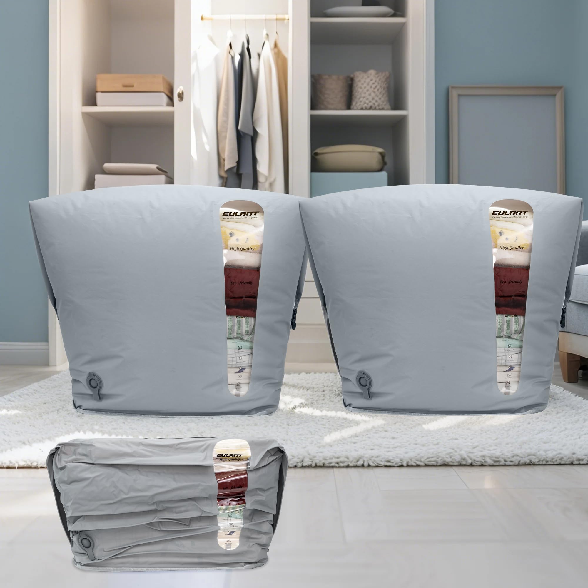EULANT Grandes Bolsas de Nailon al Vacío para Ropa con Cremallera Hermética IP67, Bolsa de Compresión al Vacío Impermeable para Edredones/Mantas/Ropa de Cama, Reutilizable & Ahorra Espacio